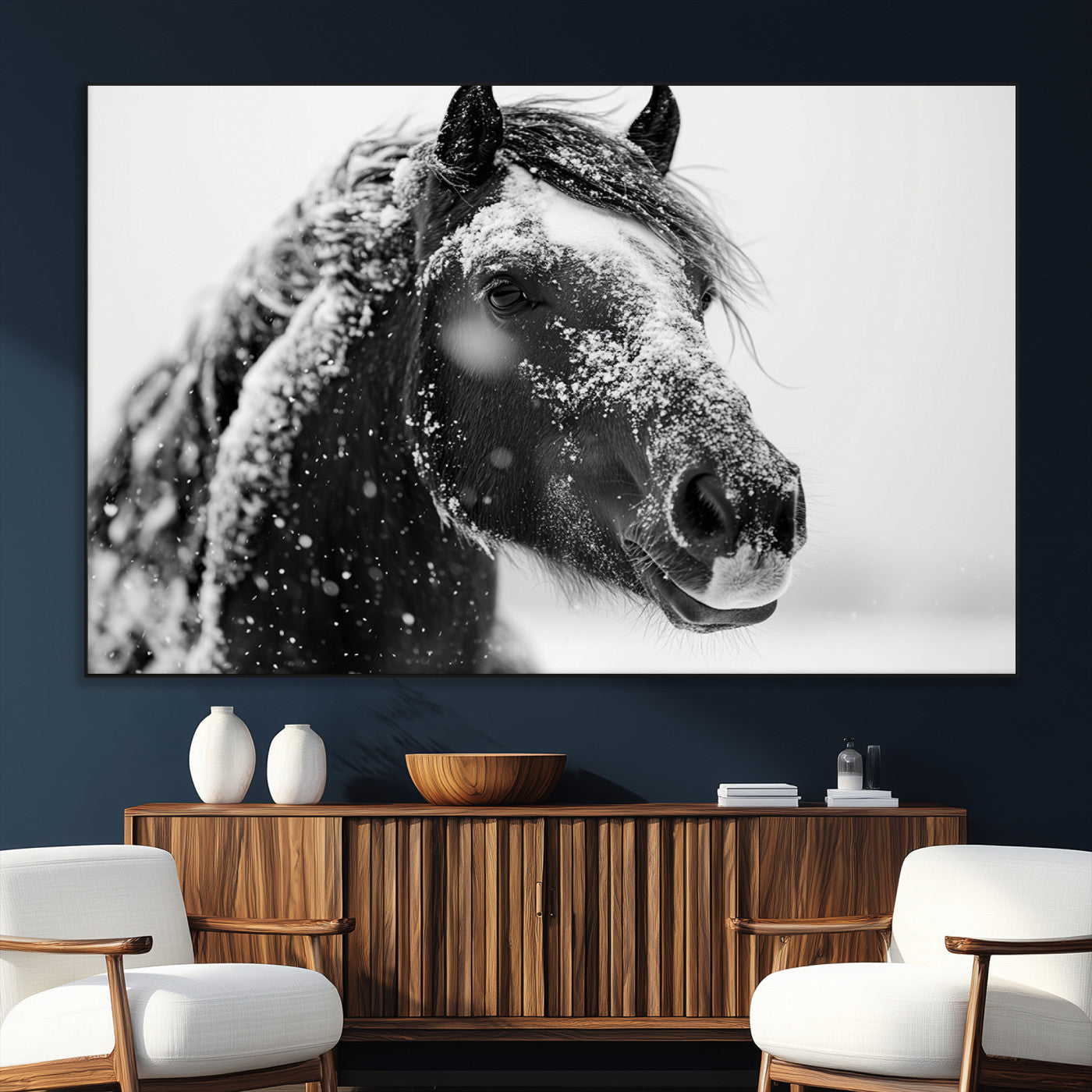 SEG-FC-51X34_Oversize - Winter Horse Canvas Print | Large 3-Panel Black White Equine Photography for Rustic Farmhouse Wall