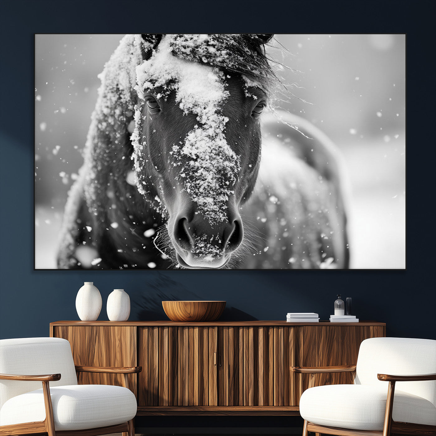 SEG-FC-51X34_Oversize - Black and White Horse Winter Wall Art | Ready to Hang and Framed | Farmhouse Wall Decor | Western
