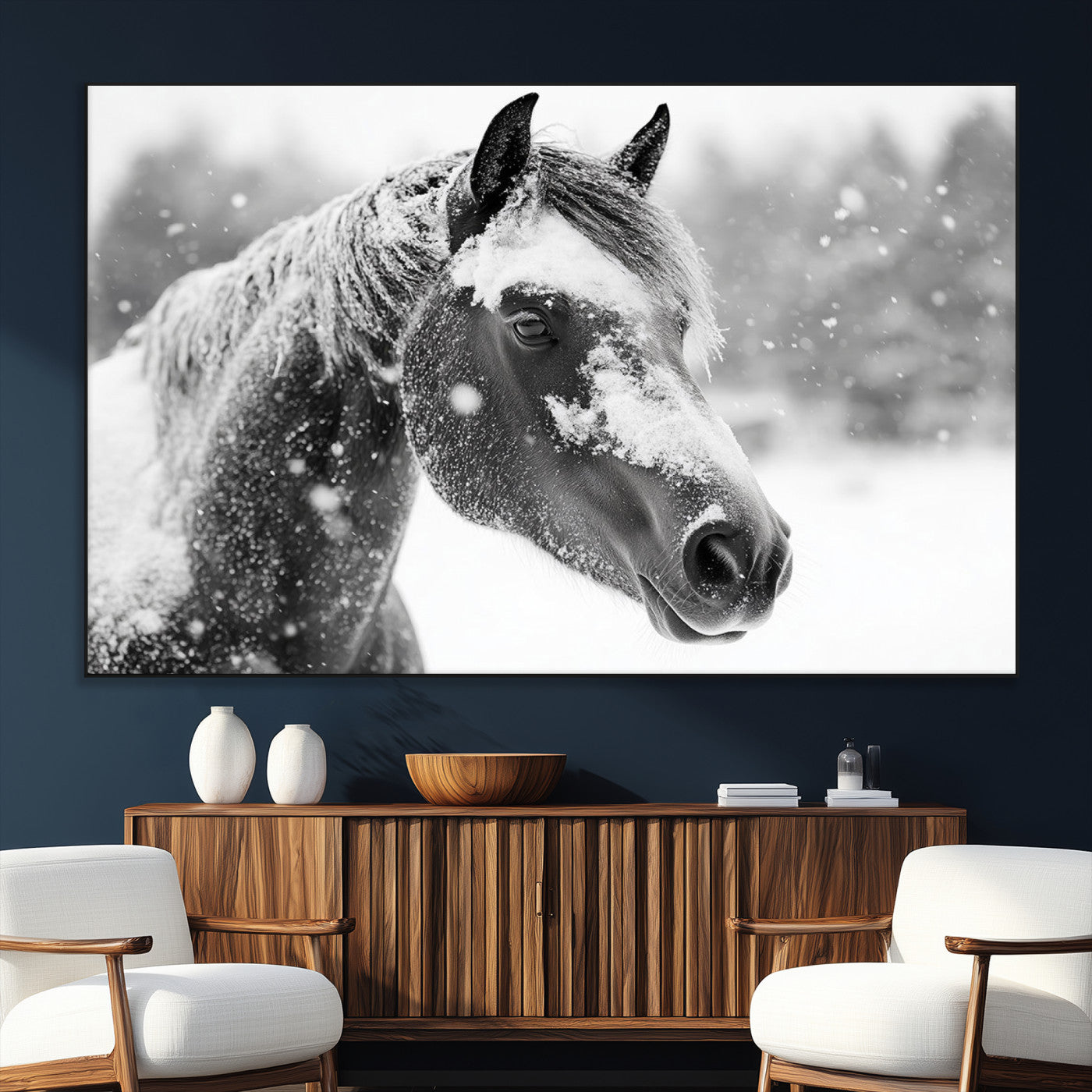 SEG-FC-51X34_Oversize - Black Horse Winter Wall Art | Ready to Hang and Framed | Farmhouse and Western Wall Decor for Living