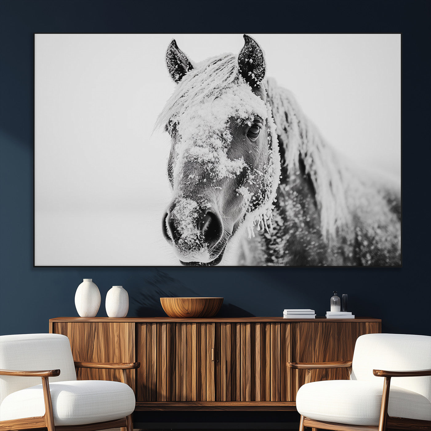SEG-FC-51X34_Oversize - White Horse Wall Art | Ready to Hang and Framed | Winter Horse Wall Art Print for Farmhouse and