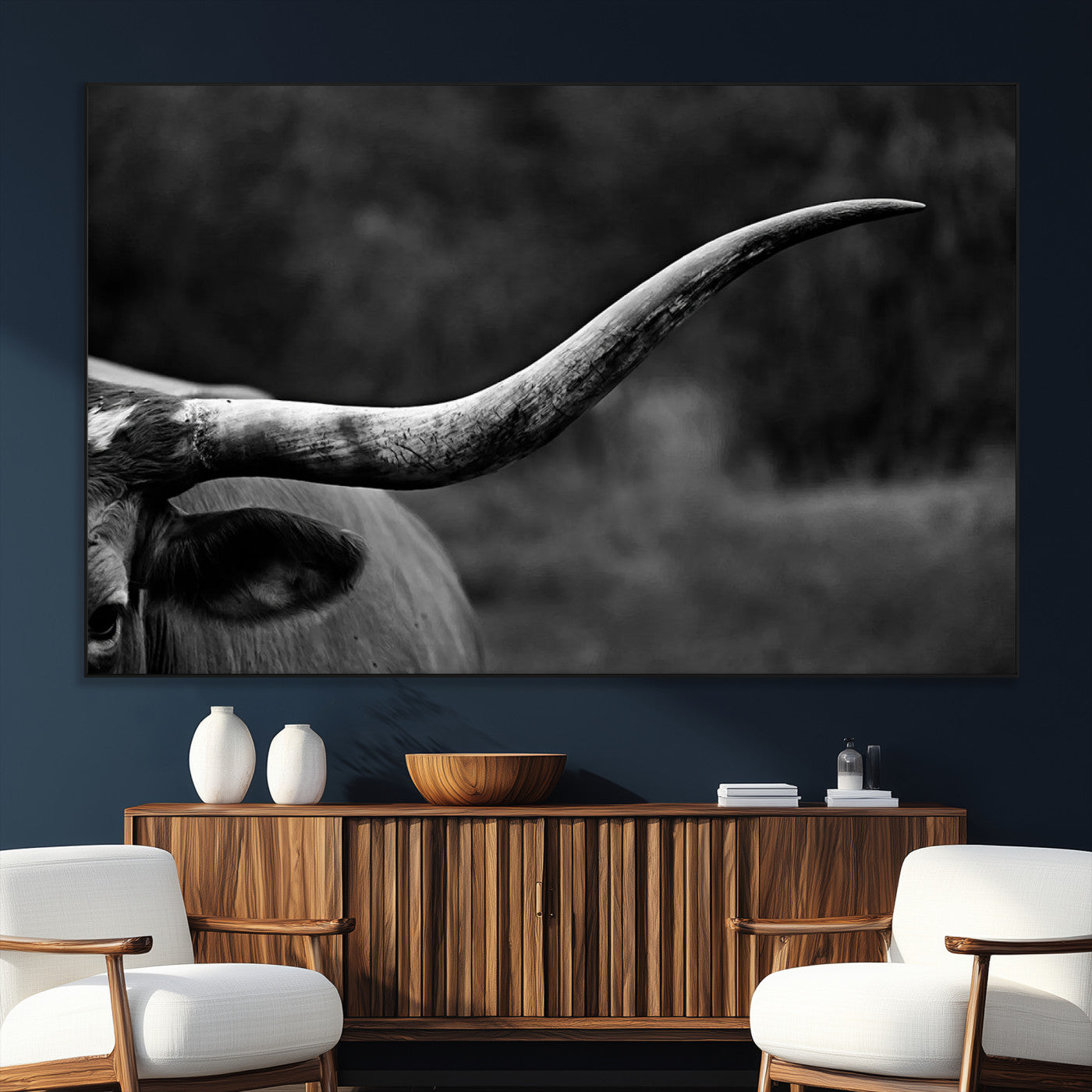 SEG-FC-51X34_Oversize - Cow Longhorn Wall Art | Black and White Print | Ready to Hang and Framed | Farmhouse Wall Decor |