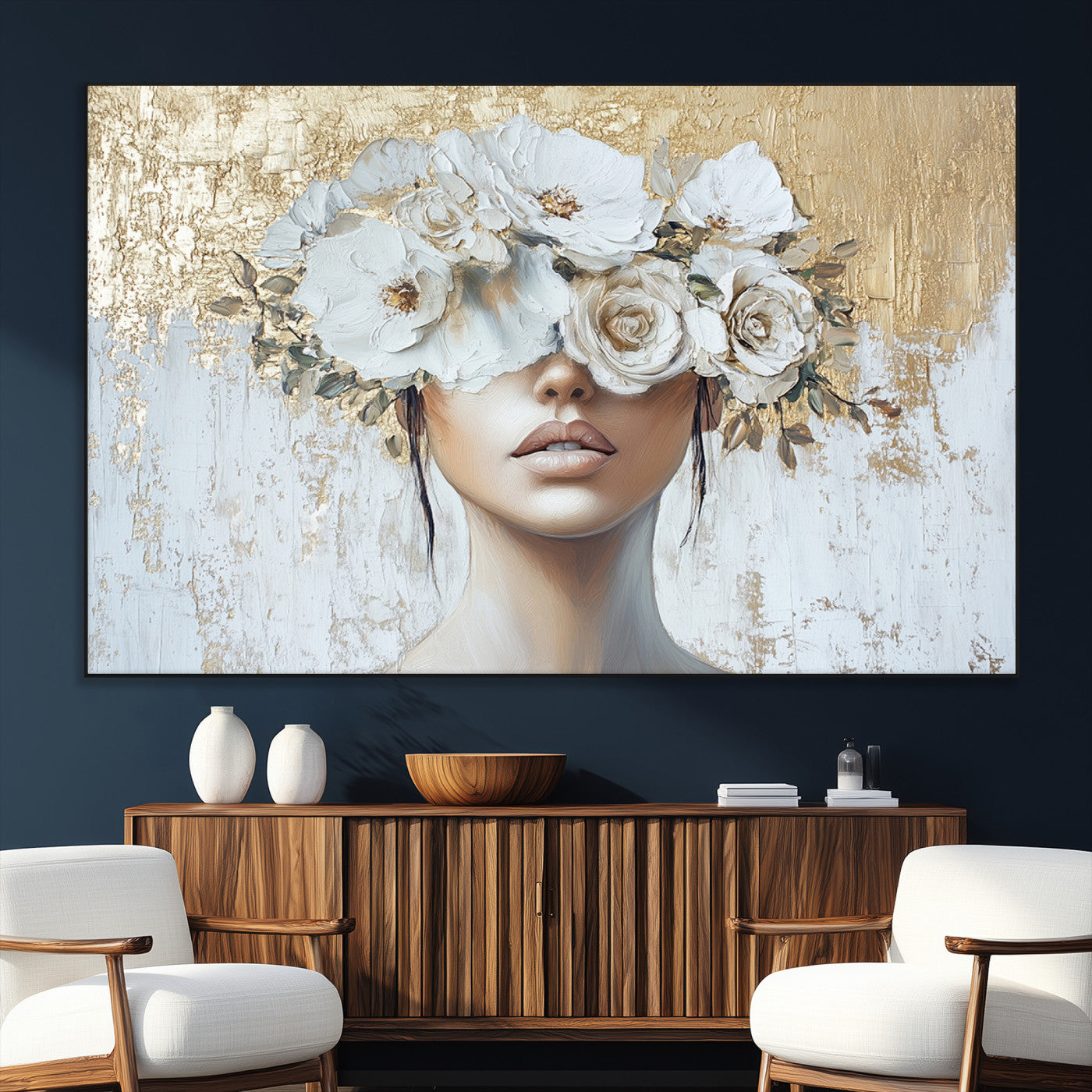 SEG-FC-51X34_Oversize - Golden Petal Wall Art - Canvas Print Flower Head Woman Painting Floral Woman Portrait Wall Decor,