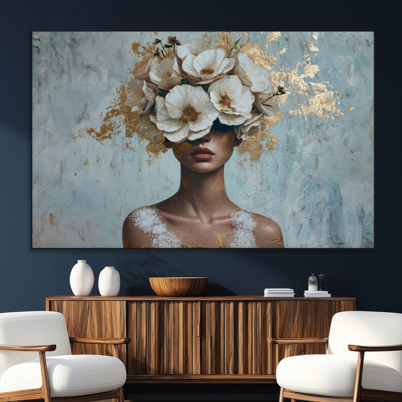 SEG-FC-51X34_Oversize - Golden Petal Wall Art - Petal Silhouette Woman Wall Art Canvas Print | Large 3-Panel Canvas with