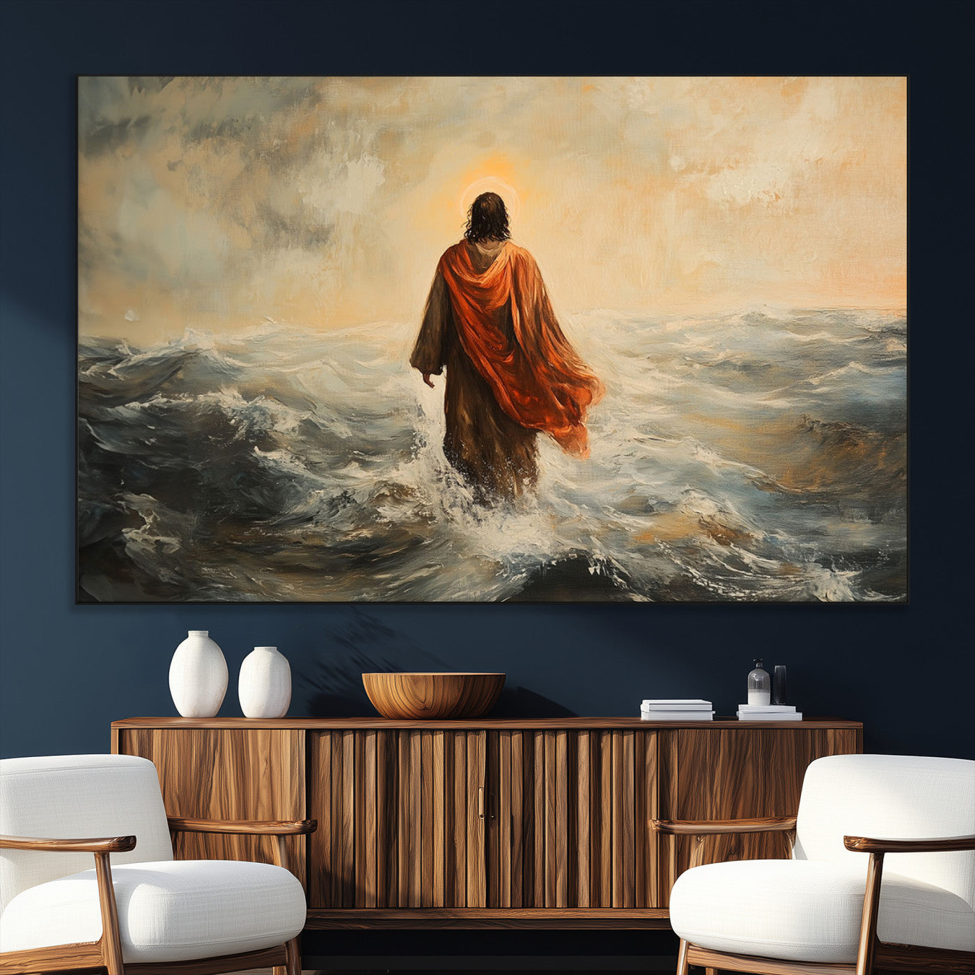SEG-FC-51X34_Oversize - Jesus Walking on Water, Christian Wall Art, Jesus Christ Walking on Oil Painting Style Print