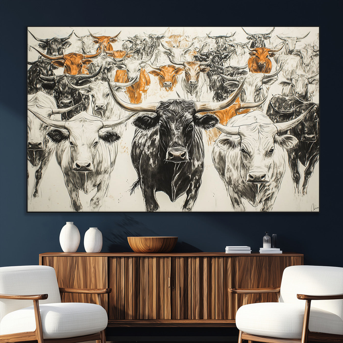 SEG-FC-51X34_Oversize - Texas Longhorn Wall Art - Herd Canvas Wall Art Print - Abstract Cow Drawing Wall Art Print for