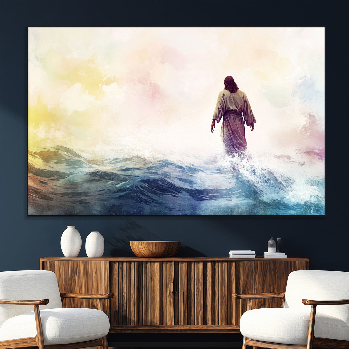 SEG-FC-51X34_Oversize - Watercolor Jesus Walking on Water Canvas Print, Christian Wall Art, Jesus Christ Walking