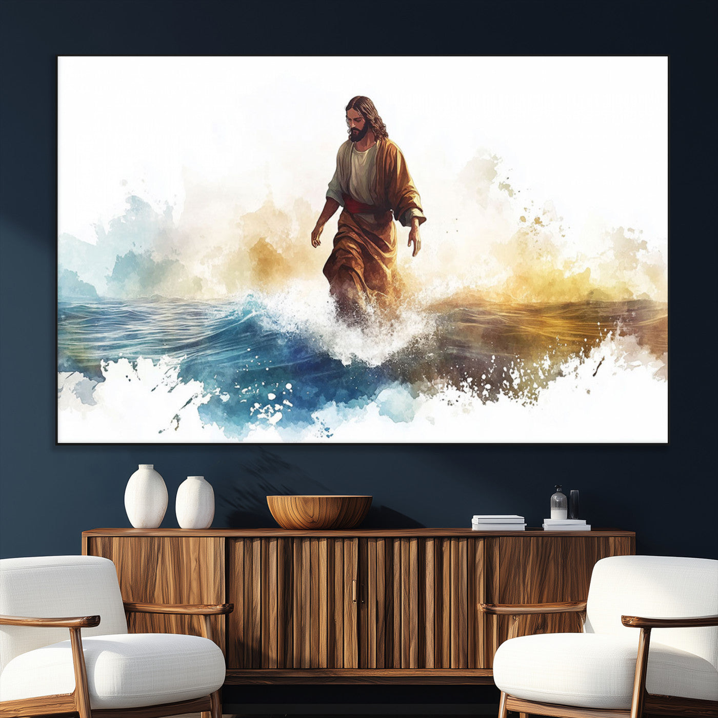 SEG-FC-51X34_Oversize - Watercolor Jesus Walking Wall Art Print, Jesus Water Canvas Print, Christian Wall Art, Jesus Christ