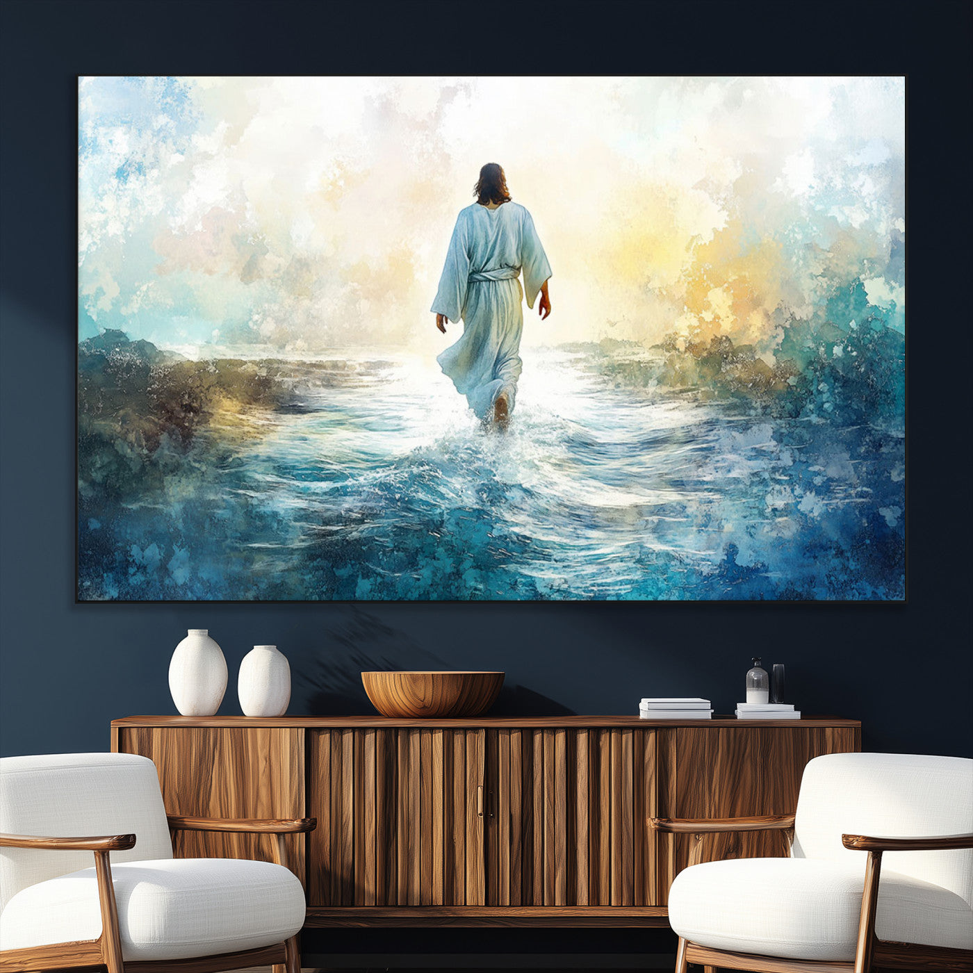 SEG-FC-51X34_Oversize - Watercolor Jesus Walking on Water Canvas Print, Christian Wall Art, Jesus Christ Walking