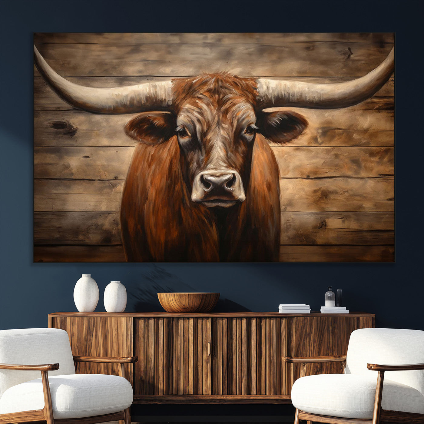 77556-SEG-FC-51X34_Oversize_Oversize-Longhorn Bull Wall Art | Canvas Print | Ready to Hang | Rustic Farmhouse Wall Decor | Western Barn