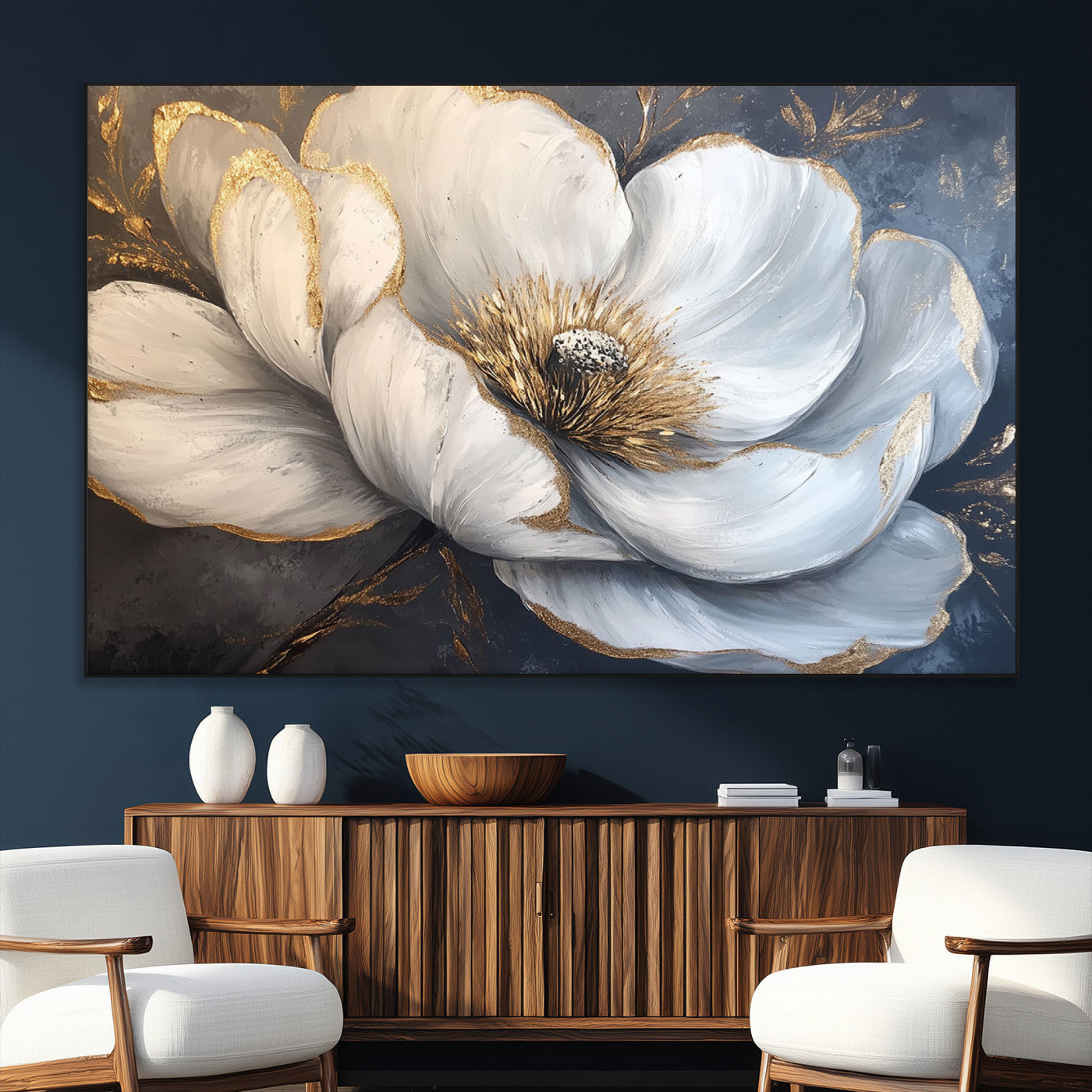 SEG-FC-51X34_Oversize - White Magnolia Flower Wall Art Canvas Print | Abstract Floral Wall Decor | Elegant Bloom Artwork |