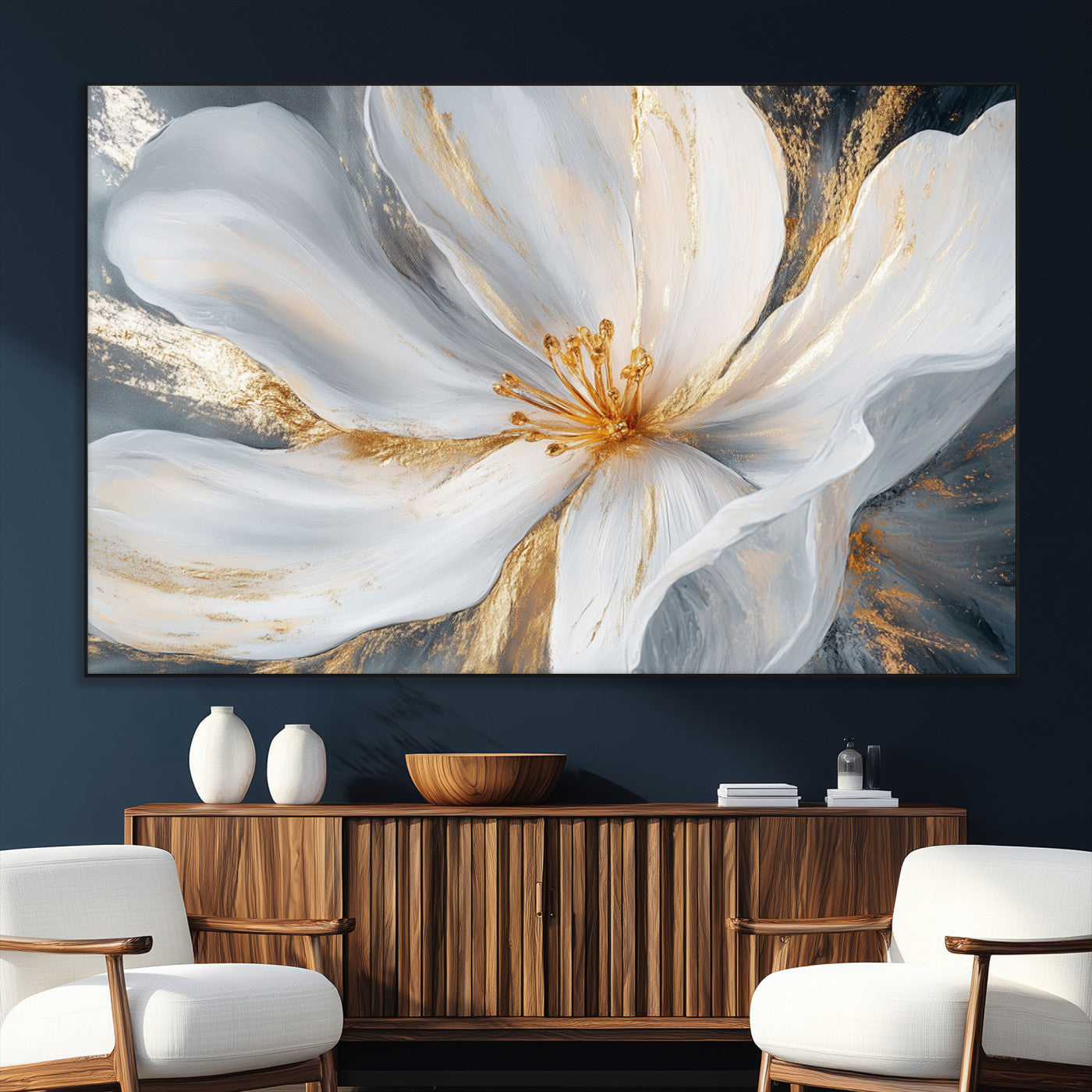 SEG-FC-51X34_Oversize - White and Gold Floral Canvas Wall Art - Framed and Ready to Hang - Perfect for Modern Living Rooms