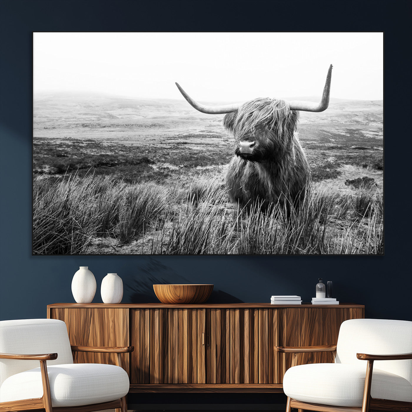 SEG-FC-51X34_Oversize - Scottish Highland Cow Wall Art | Black and White Canvas Print | Ready to Hang and Framed | Rustic