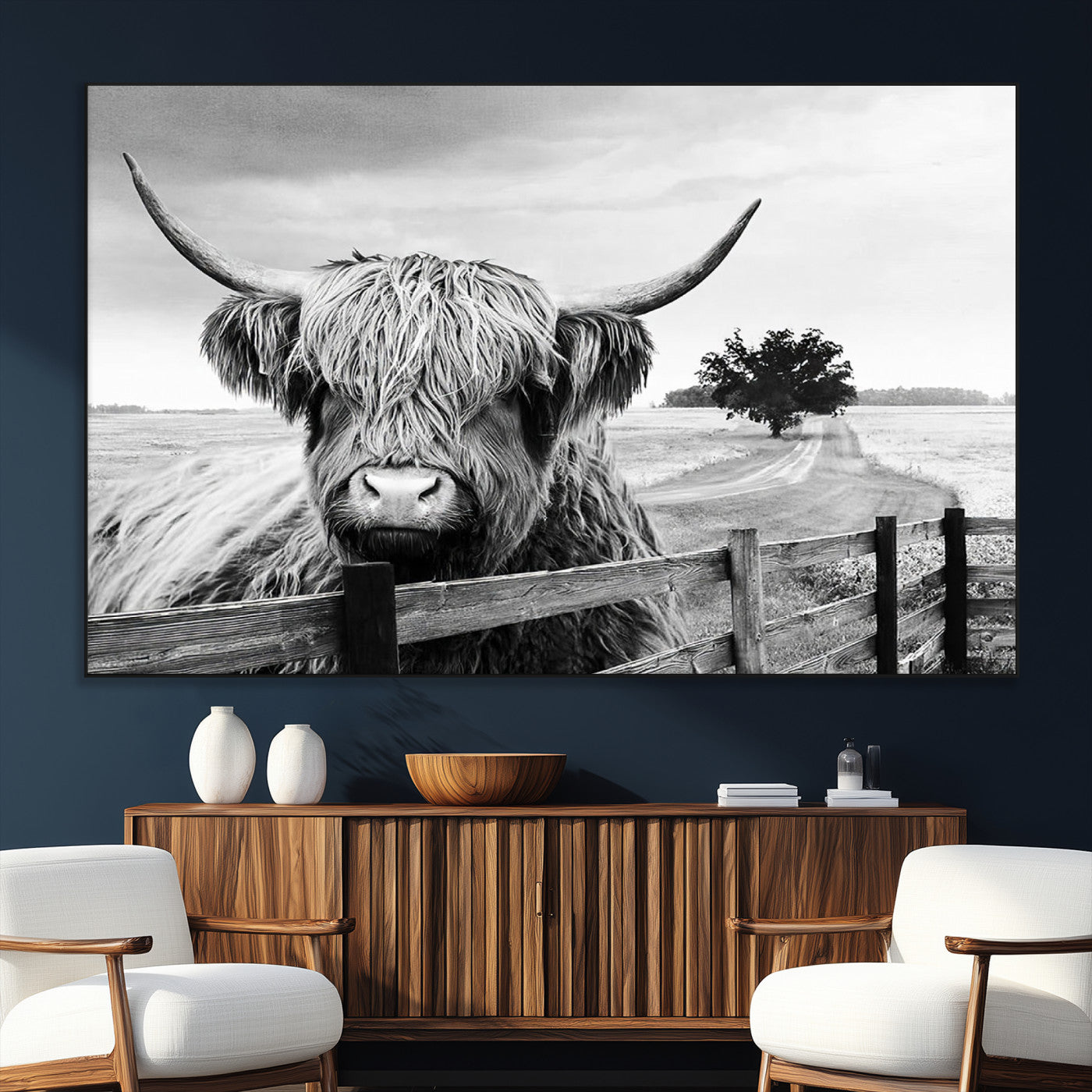 SEG-FC-51X34_Oversize - Scottish Highland Cow Wall Art | Rustic Farmhouse Décor | Black and White Ready to Hang Canvas Print
