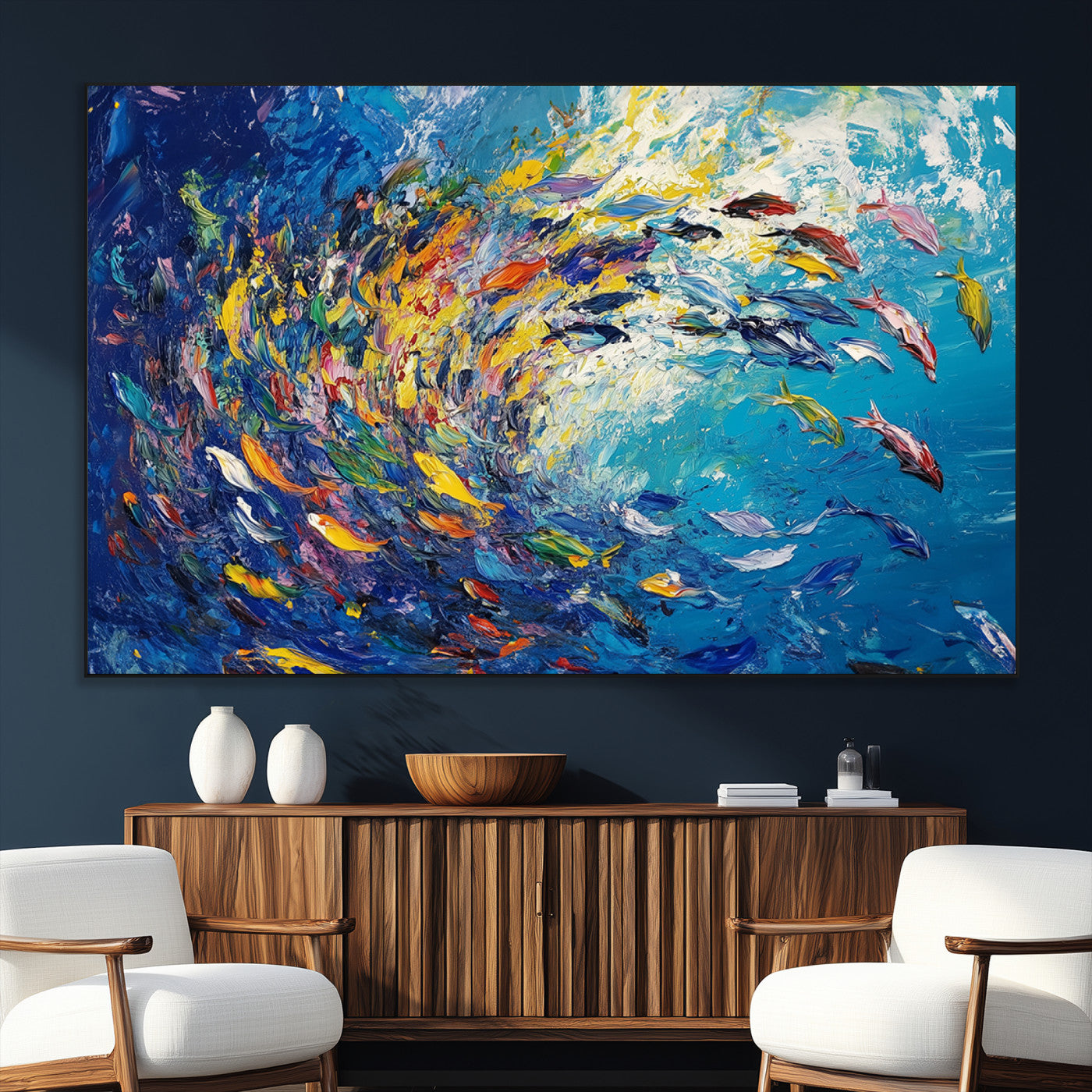 SEG-FC-51X34_Oversize - Colorful Swirling Fish School Wall Art Canvas Print | Oceanic Abstract Painting | Ready to Hang |