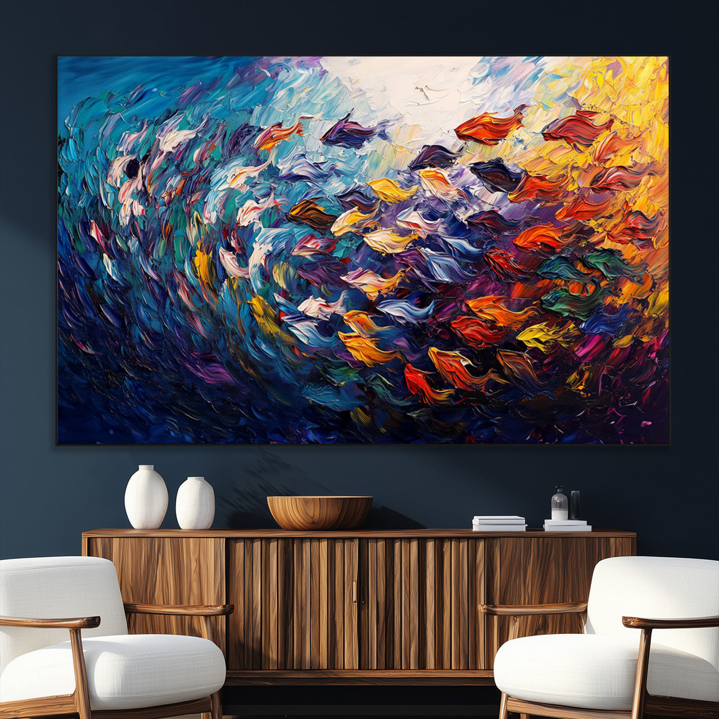 SEG-FC-51X34_Oversize - Vibrant Abstract Fish Swarm Art – Colorful Fish Inspired 3-Piece Canvas Wall Art for Living Room or