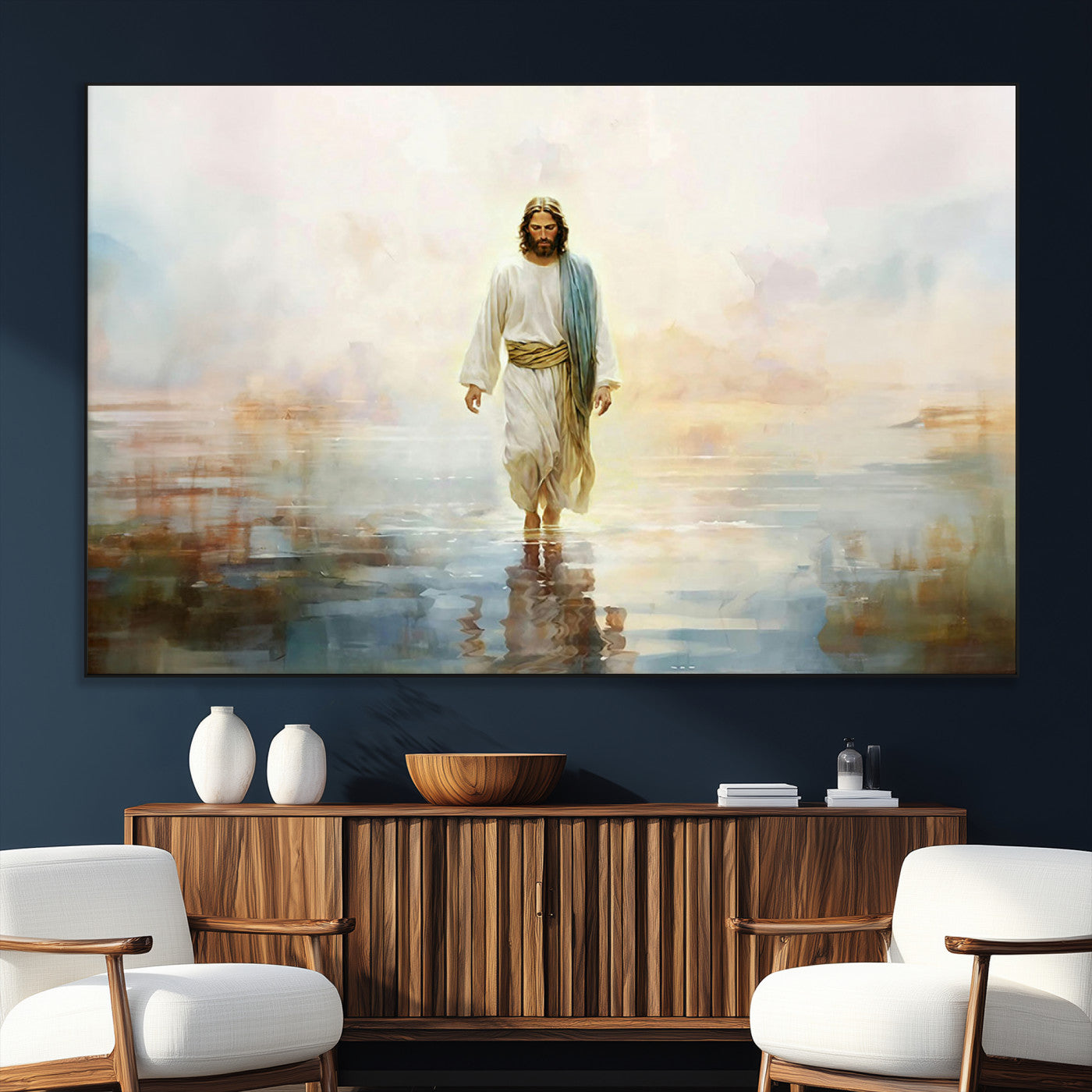SEG-FC-51X34_Oversize - Framed Jesus Walking on Water Wall Art - 3-Panel Christian Canvas Prints, Religious Artwork for