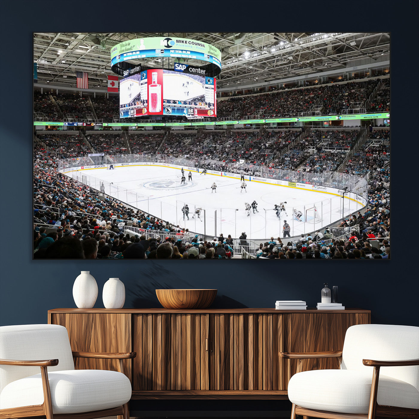 SEG-FC-51X34_Oversize - Sharks Arena Blackhawks Sharks Ice Hockey Stadium Wall Art Canvas Print, Framed Blackhawks Sharks