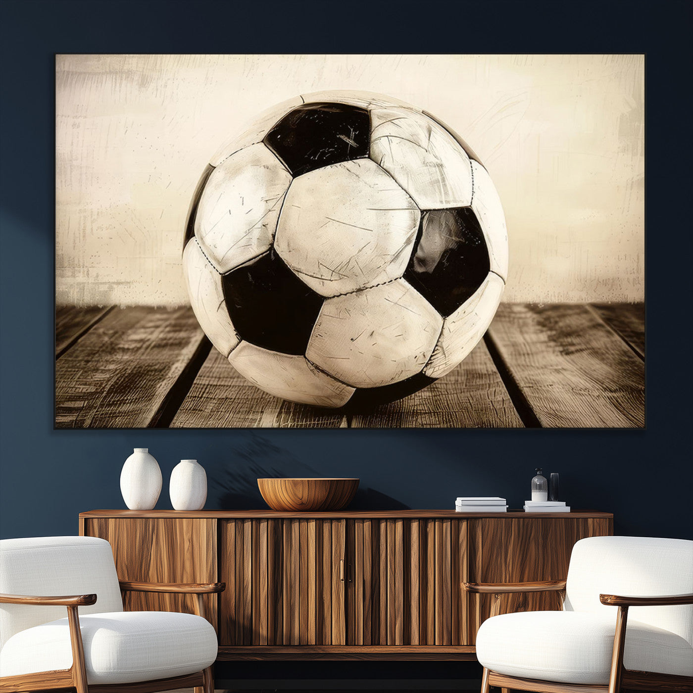 SEG-FC-51X34_Oversize - Vintage Soccer Ball Wall Decor Canvas Art – 3-Panel Soccer Wall Decor, Framed and Ready to Hang