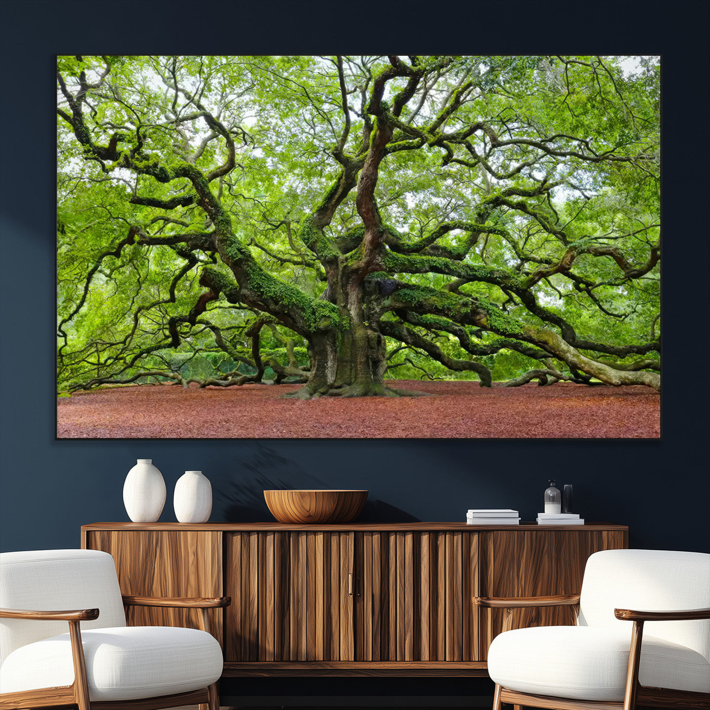 SEG-FC-51X34_Oversize - Framed Angel Oak Tree Wall Art - 3-Panel Canvas Prints, Large Green Nature Artwork, Ready to Hang
