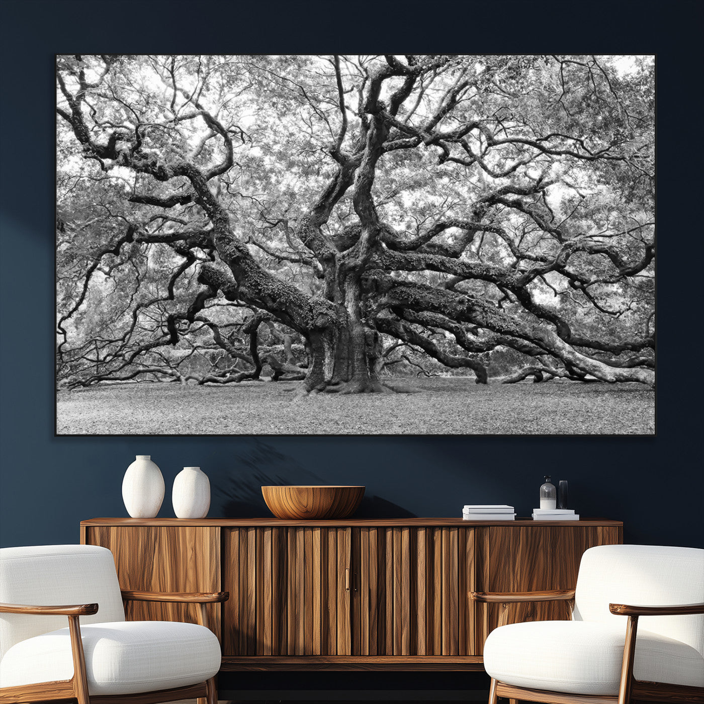 SEG-FC-51X34_Oversize - Black White Angel Oak Tree Wall Art - Timeless Nature-Inspired Canvas for Rustic, Modern, or
