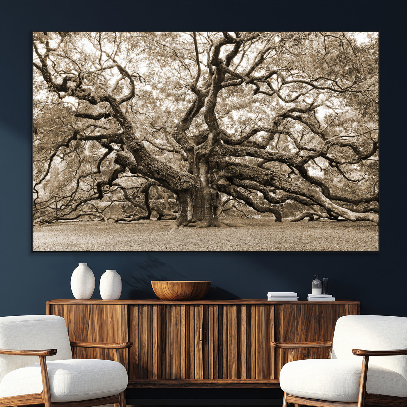 51126-SEG-FC-51X34_Oversize_Oversize-Sepia Framed Angel Oak Tree Wall Art - 3-Panel Canvas Prints, Large Green Nature Artwork, Ready to