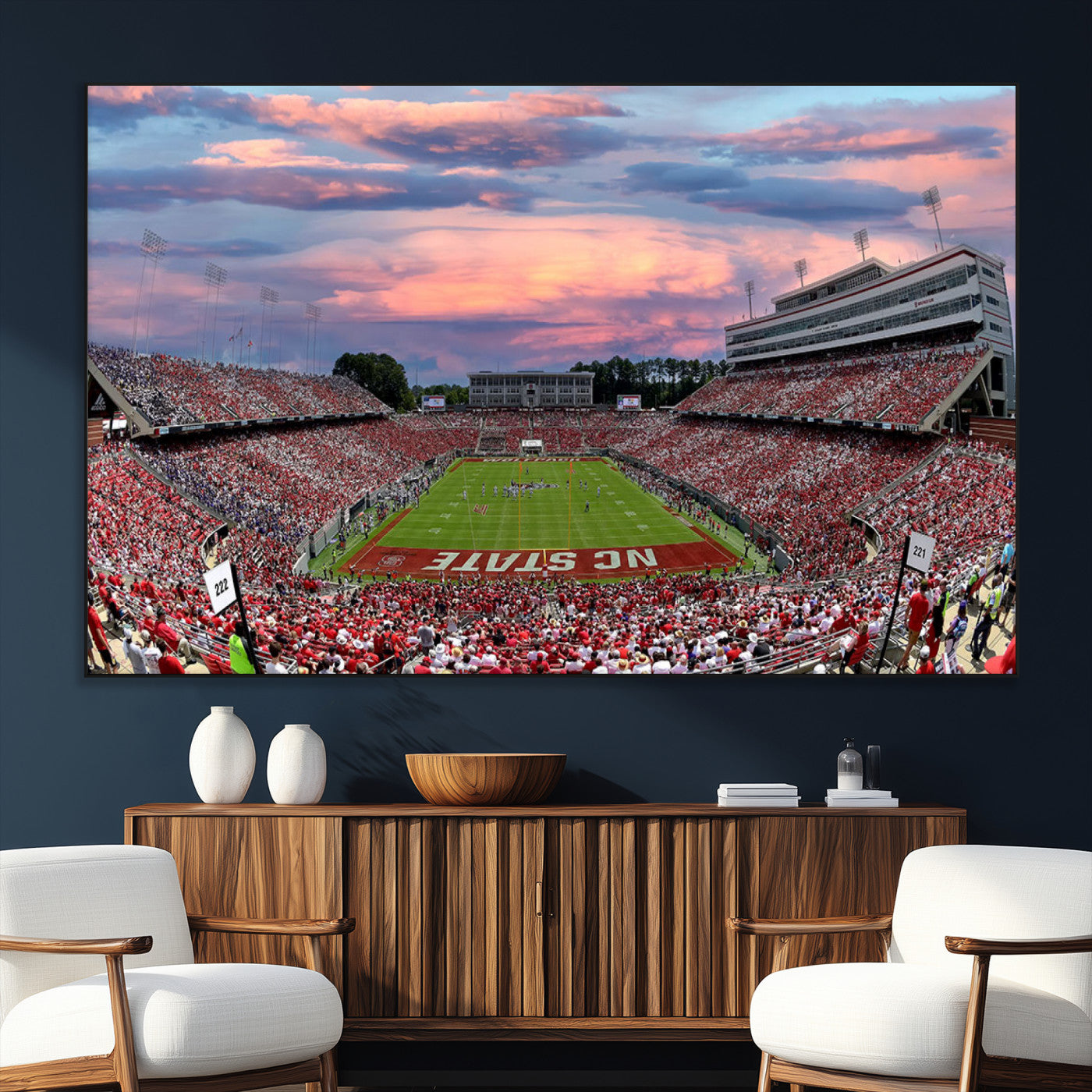 SEG-FC-51X34_Oversize - Carter-Finley Stadium Art Sunset Game Triple Canvas Wall Art - NC State Wolfpack Football Match