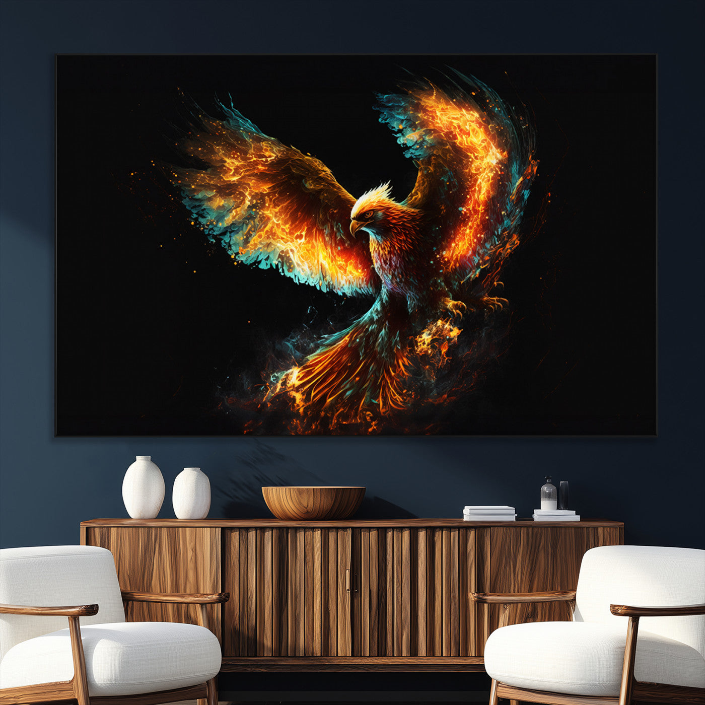 SEG-FC-51X34_Oversize - Fiery Phoenix Canvas Print | Ready to Hang Wall Art | Bold Fantasy Decor for Living Room | Majestic