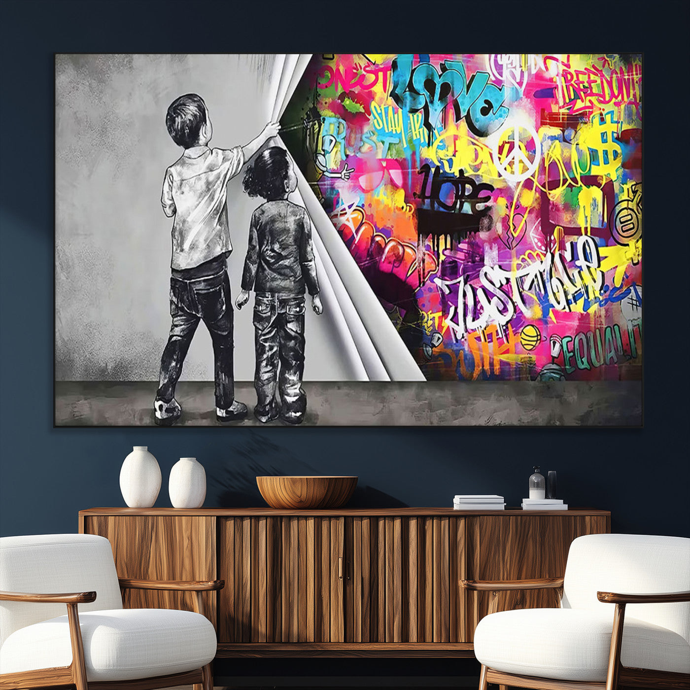 SEG-FC-51X34_Oversize - Banksy Print - Street Art Canvas Wall Art - Kids Revealing Graffiti, Urban Modern Decor for Living