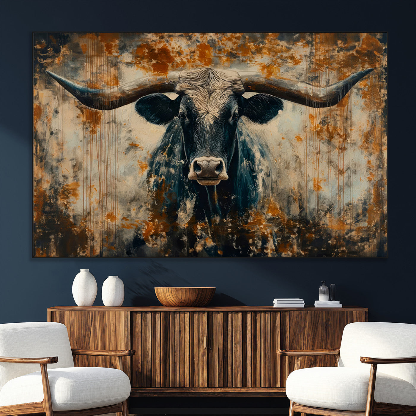 SEG-FC-51X34_Oversize - Abstract Longhorn Bull Wall Art | Rustic Western Wall Decor | Framed and Ready to Hang | Ideal for