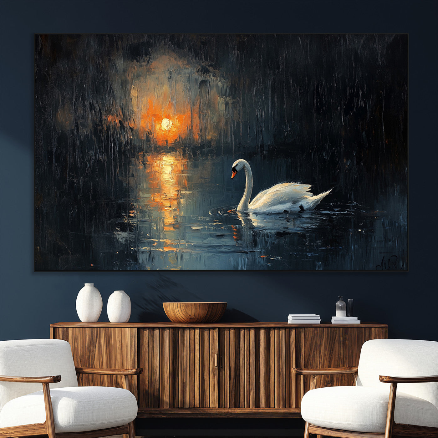 SEG-FC-51X34_Oversize - Abstract Swan on Water Wall Art Canvas Print - Elegant Nature Scene for Modern Home Decor