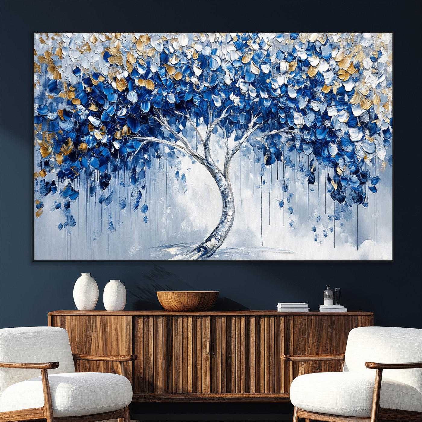 SEG-FC-51X34_Oversize - Blue and Gold Abstract Tree Wall Art Canvas Print | Modern Tree of Life Painting | Framed Canvas