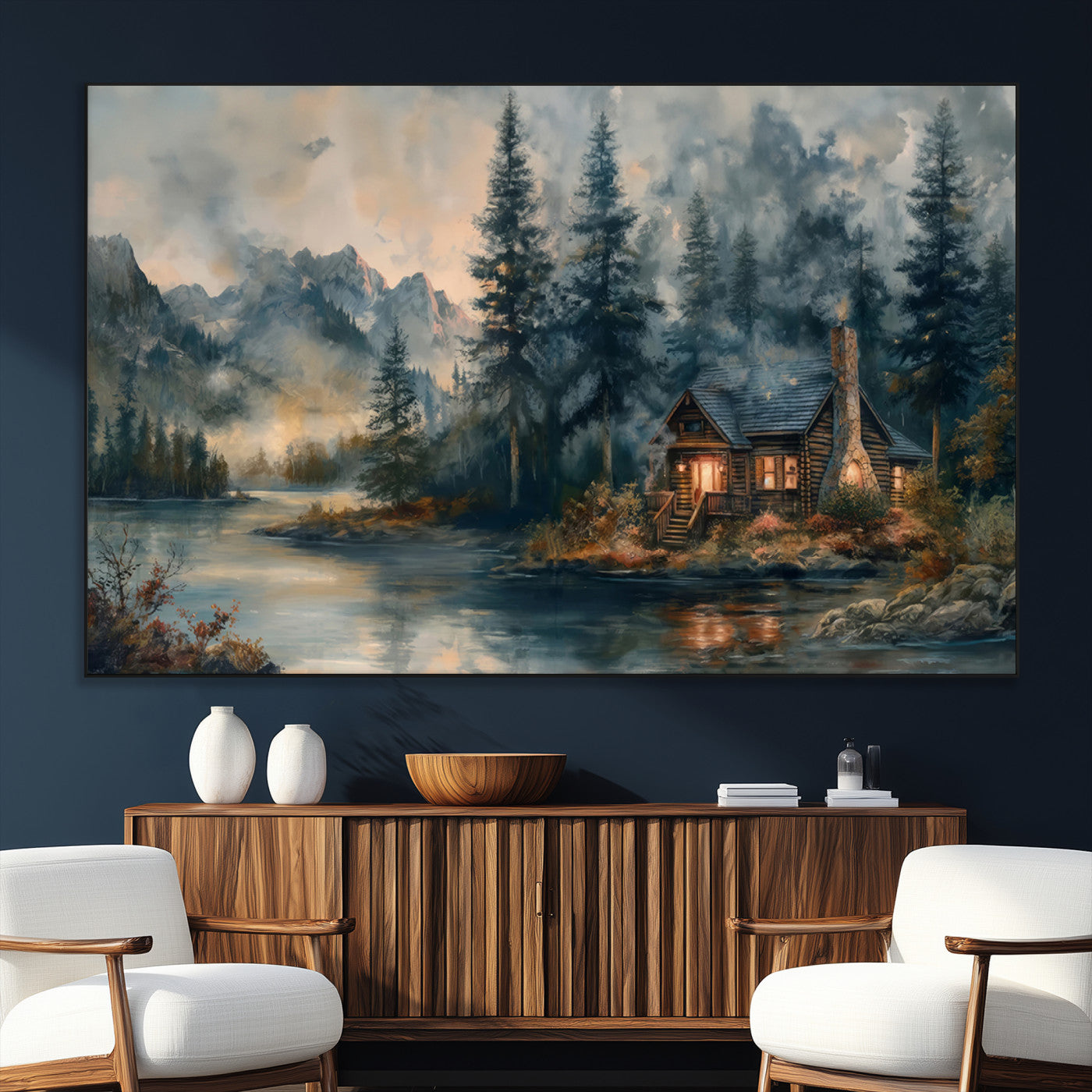 SEG-FC-51X34_Oversize - Rustic Cabin Woods Wall Art Print | Lake in a Forest Canvas Print | Cabin, Lodge, and Farmhouse