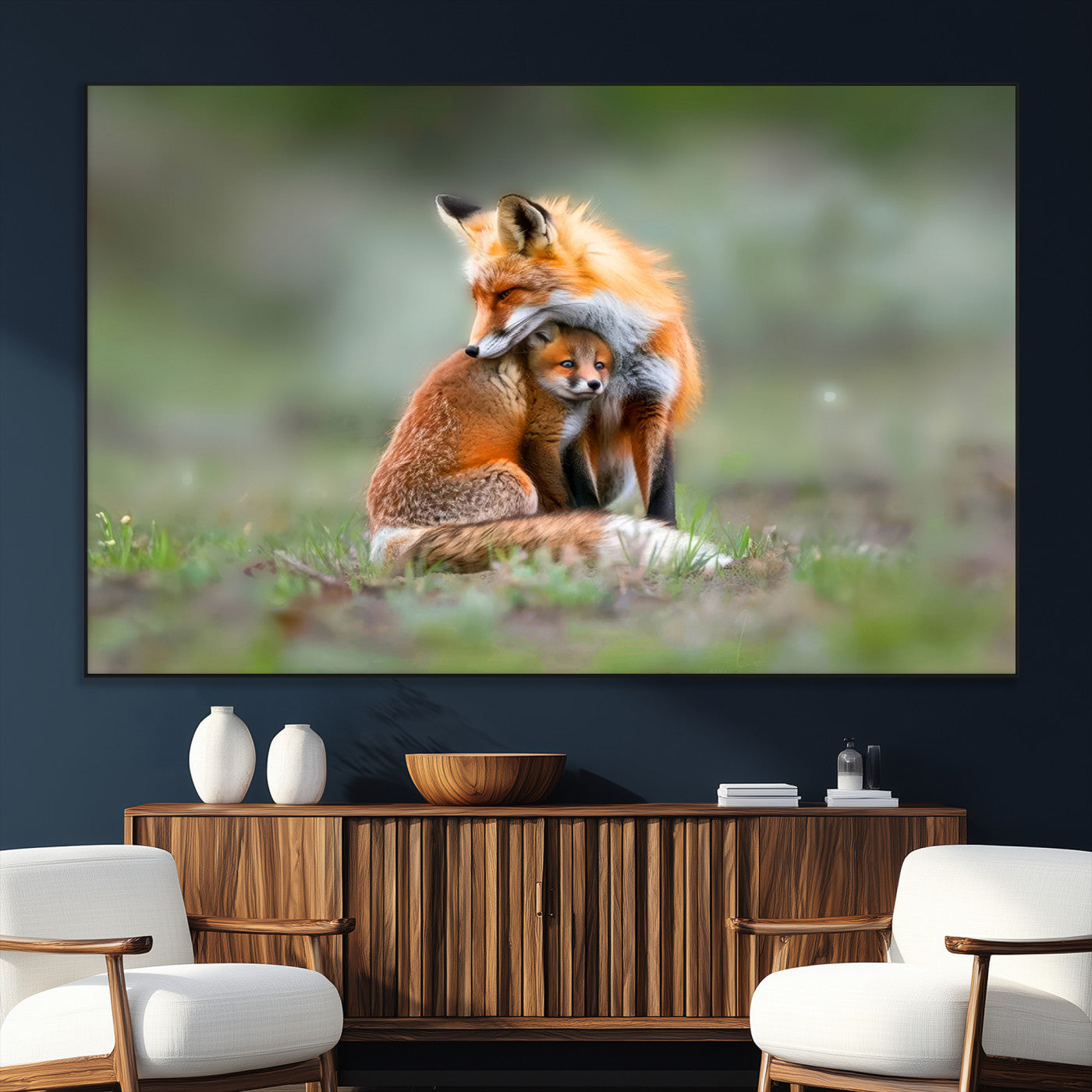 SEG-FC-51X34_Oversize - Heartwarming Fox and Baby Cub Wall Art | Ready to Hang Canvas Print of Foxes in Nature | Perfect for