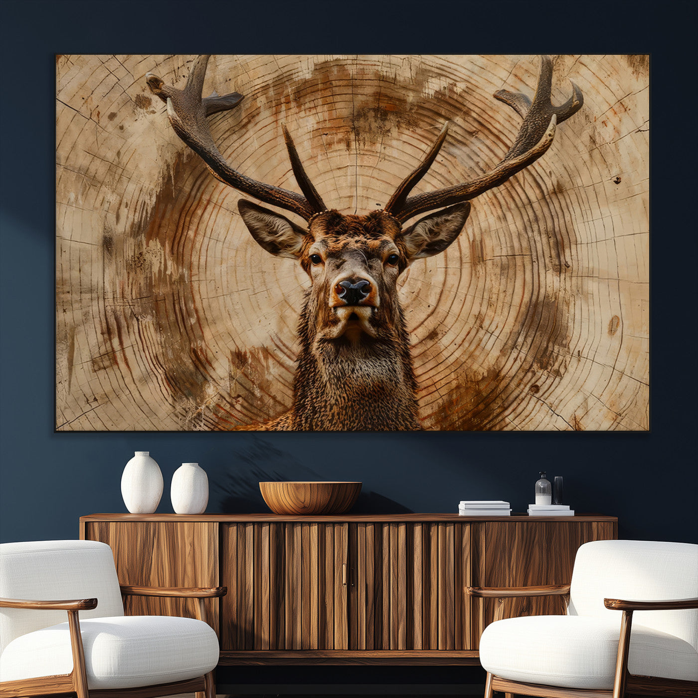 SEG-FC-51X34_Oversize - Wood Abstract Deer Wall Art | Rustic Wildlife Canvas Print | Ready to Hang Stag Head Triptych for