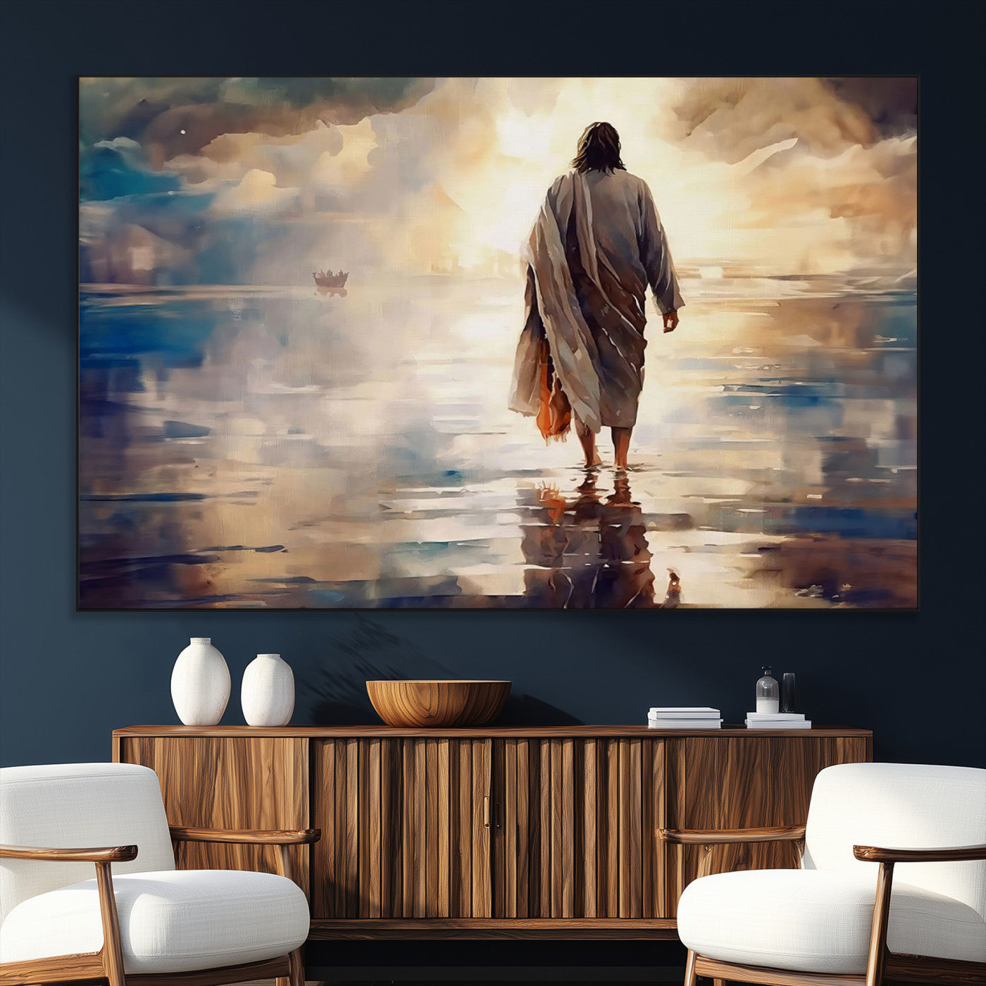 SEG-FC-51X34_Oversize - Jesus Walking on Water Wall Art | Ready to Hang Spiritual Triptych Canvas Print | Inspirational