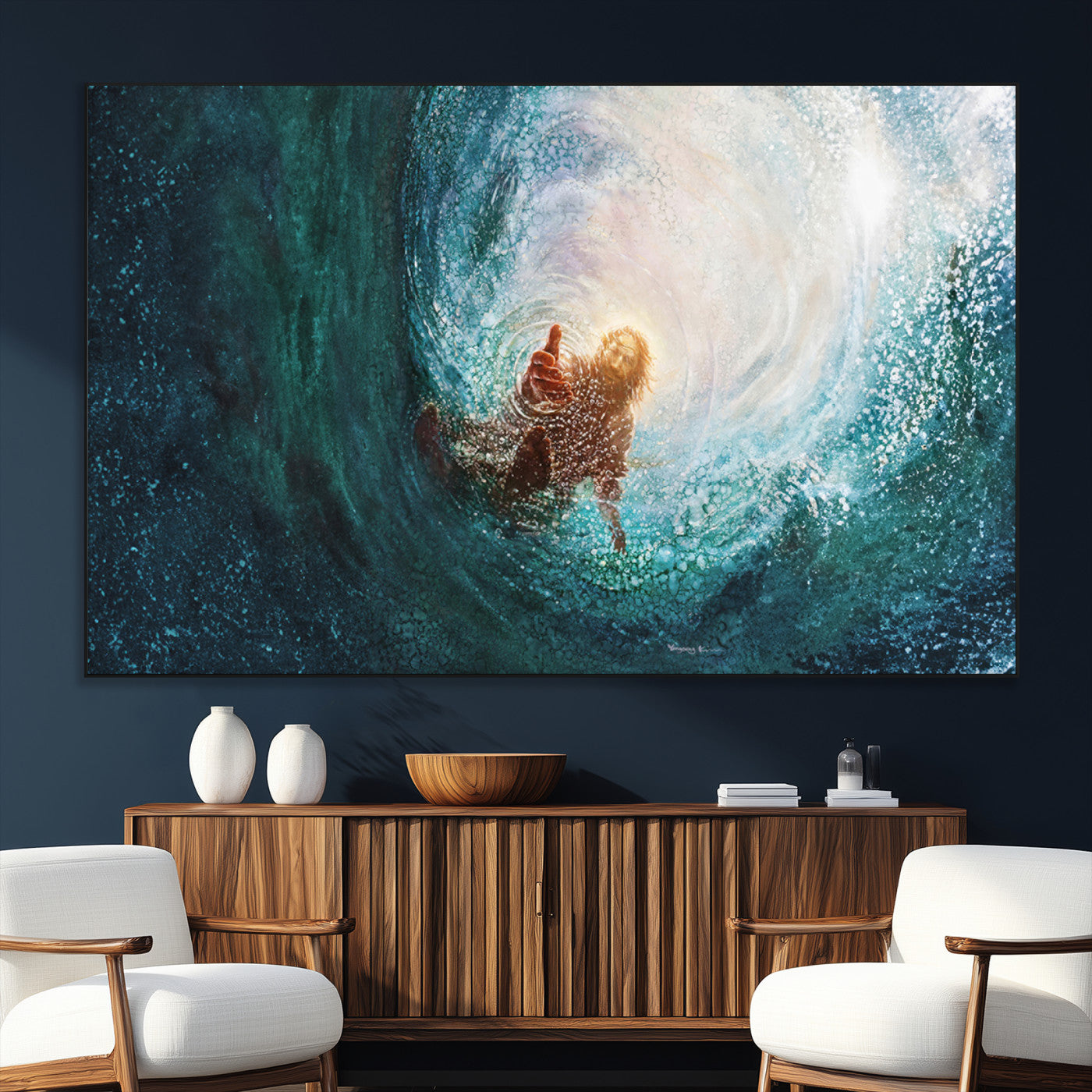 SEG-FC-51X34_Oversize - Powerful Jesus Canvas Print - Hand of Salvation, Inspirational Wall Art - Framed, Ready to Hang for