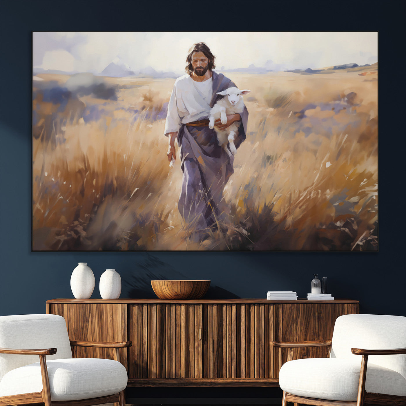 SEG-FC-51X34_Oversize - Jesus the Good Shepherd Wall Art Canvas Print - Lost Lamb Print for Prayer Room Decor