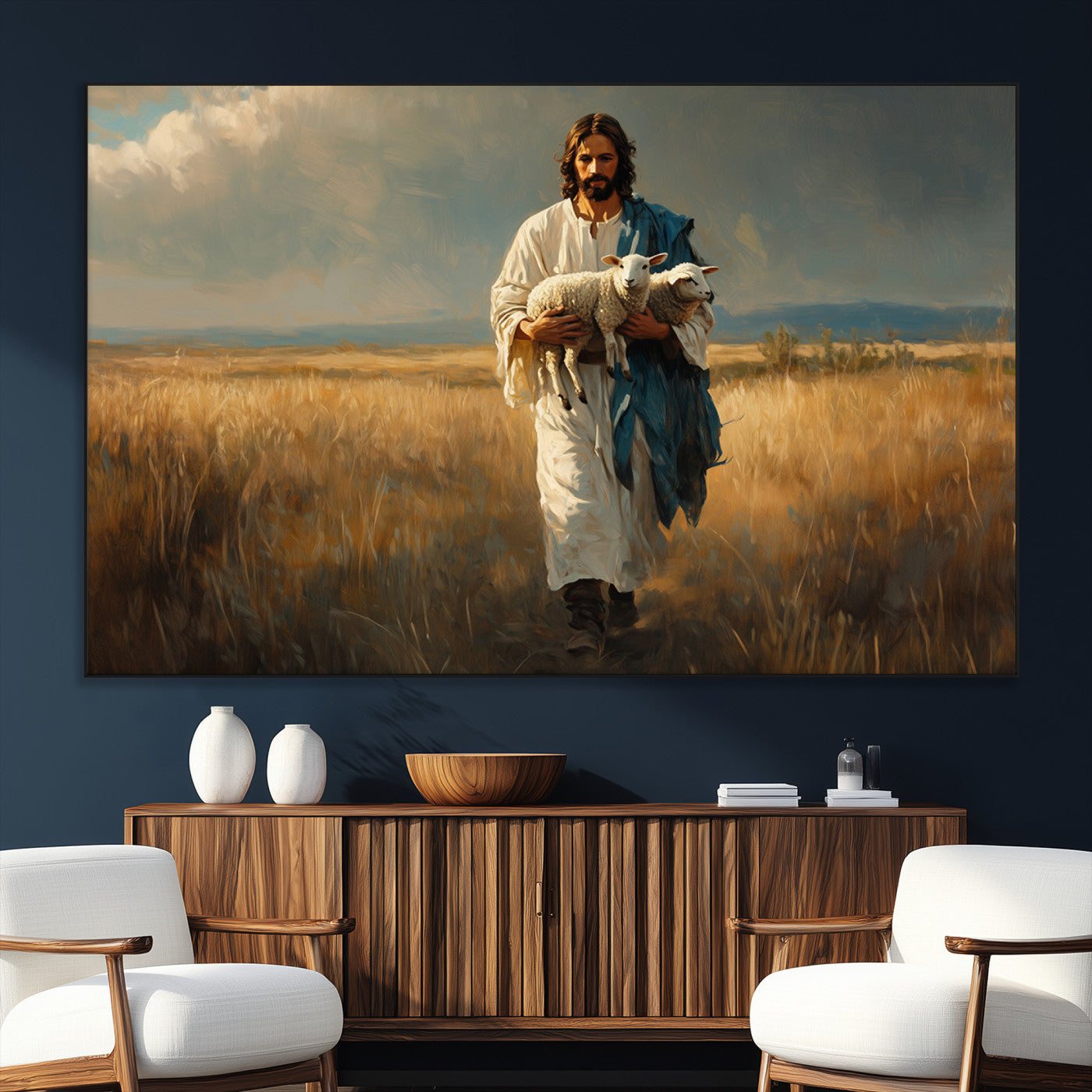 SEG-FC-51X34_Oversize - Jesus Shepherd Wall Art | Ready to Hang Triptych Canvas of Jesus Holding a Lamb in a Field |