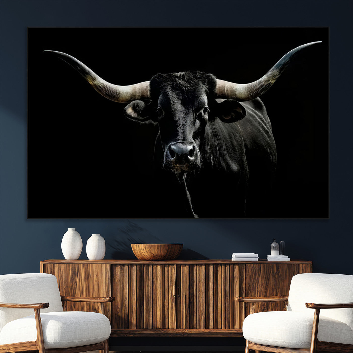 SEG-FC-51X34_Oversize - Texas Black Longhorn Bull Wall Art Canvas Print - Western Texas Cattle Rustic Decor Print - Longhorn