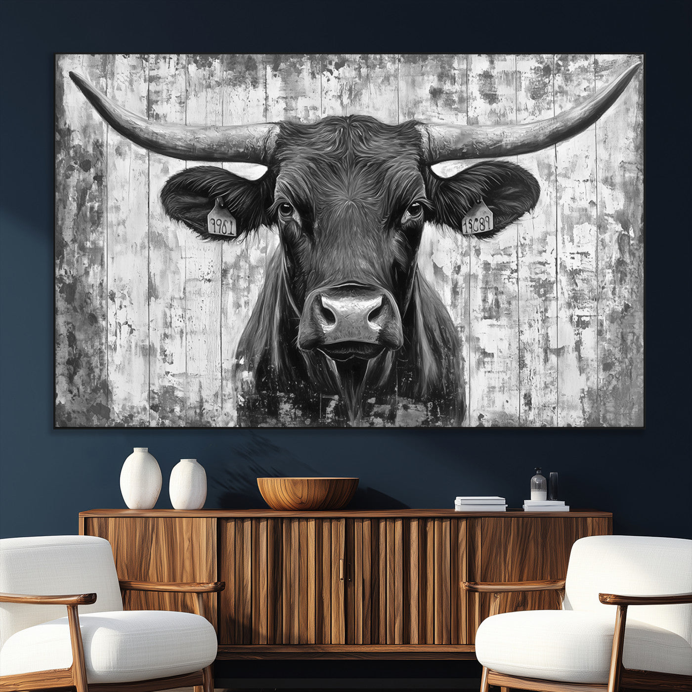 SEG-FC-51X34_Oversize - Abstract Longhorn Bull Wall Art Canvas Print - Rustic Texas Western Cow Artwork