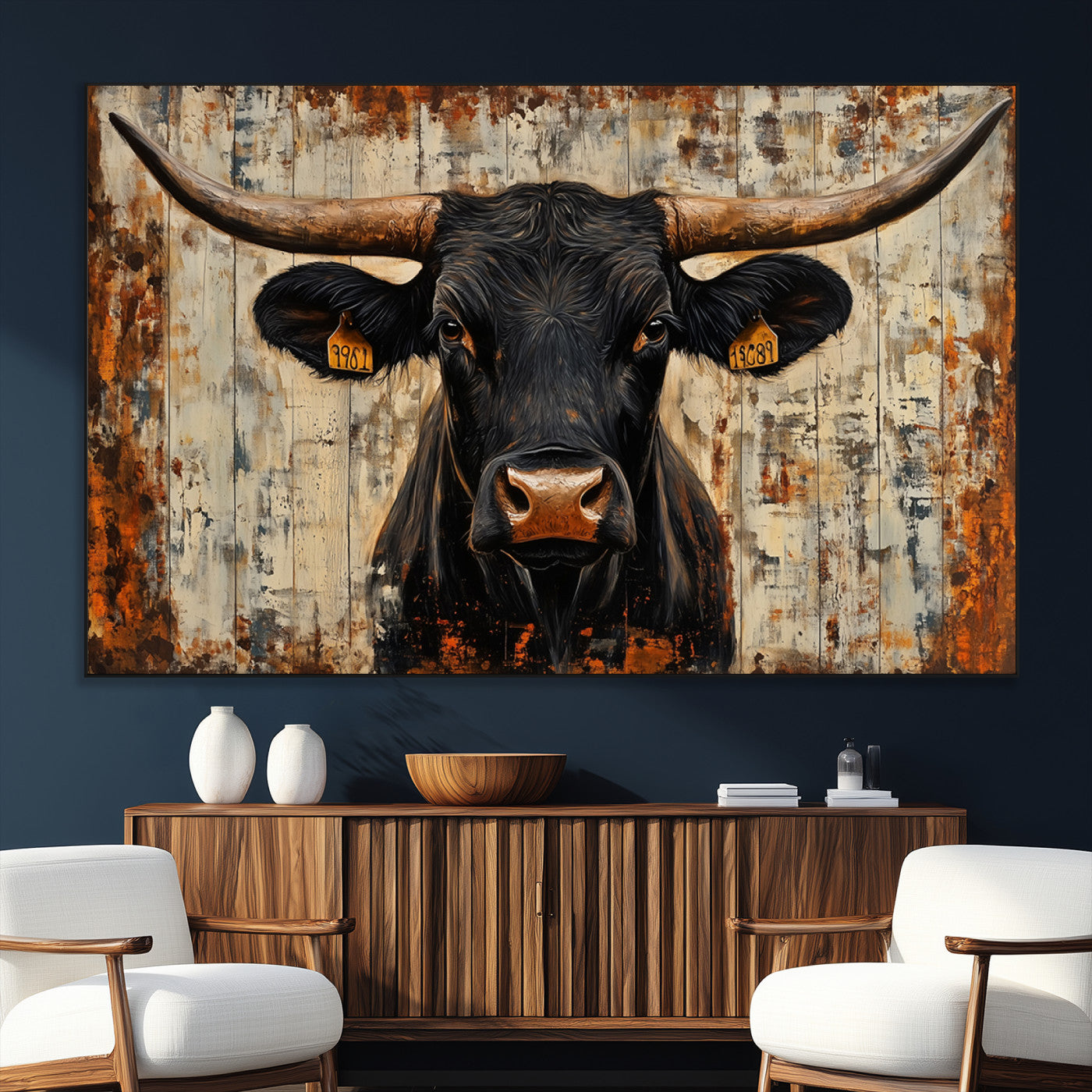 SEG-FC-51X34_Oversize - Rustic Texas Artwork Wall Art Canvas Print - Abstract Cow Longhorn Bull Wall Art Canvas Print