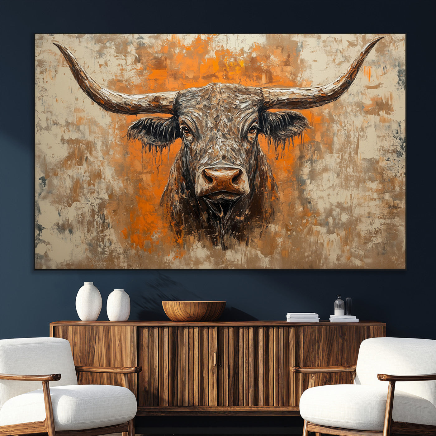 SEG-FC-51X34_Oversize - Abstract Cow Longhorn Bull Wall Art Canvas Print - Rustic Texas Western Cattle Artwork