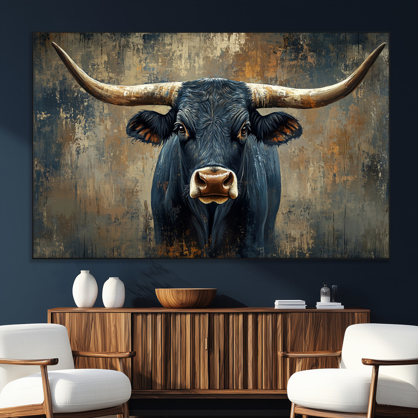 SEG-FC-51X34_Oversize - Texas Western Wall Art Canvas Print - Abstract Cow Longhorn Bull Wall Art Canvas Print - Rustic Cow