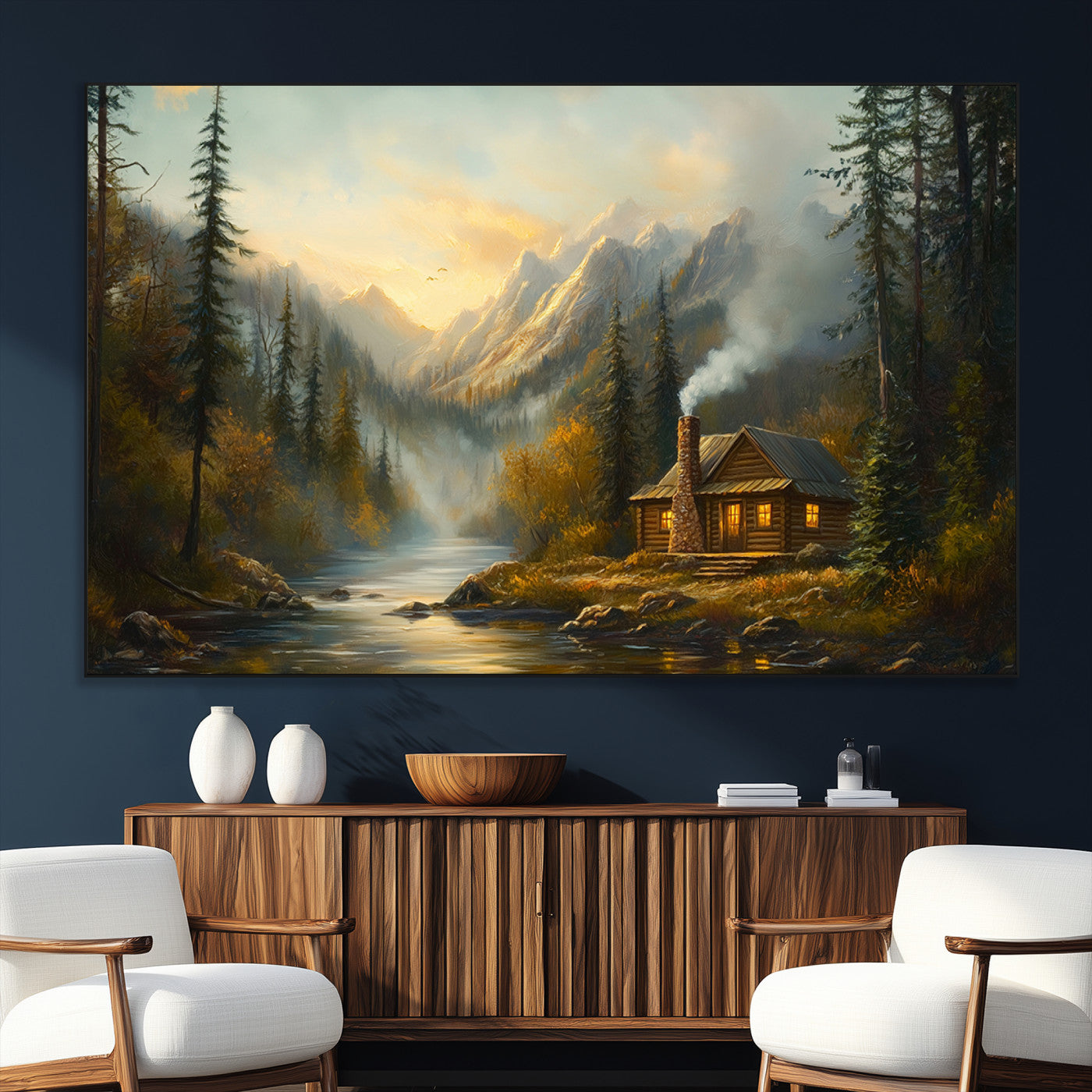 SEG-FC-51X34_Oversize - Wood Cabin Retreat Mountain at Sunset Wall Art Print - Serene Forest and River Landscape Wall Art