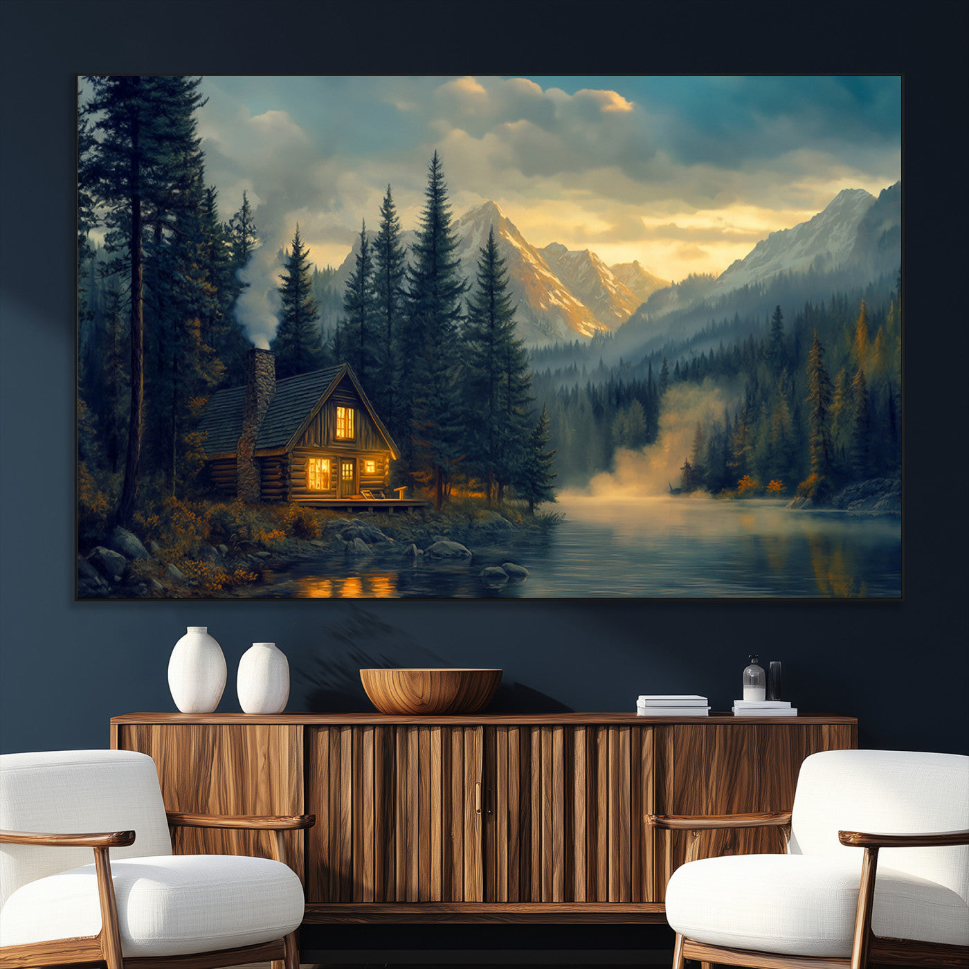 SEG-FC-51X34_Oversize - Mountain Cabin by the Lake at Sunset Wall Art - Serene Nature Canvas Print for Living Room Decor,