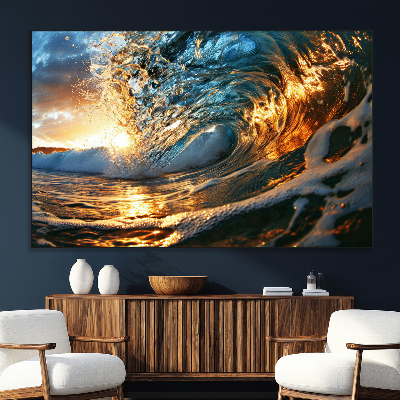 SEG-FC-51X34_Oversize - Ocean Wave at Sunset Canvas Wall Art – Vibrant Coastal Beach Waves Print, Large Nautical Decor,
