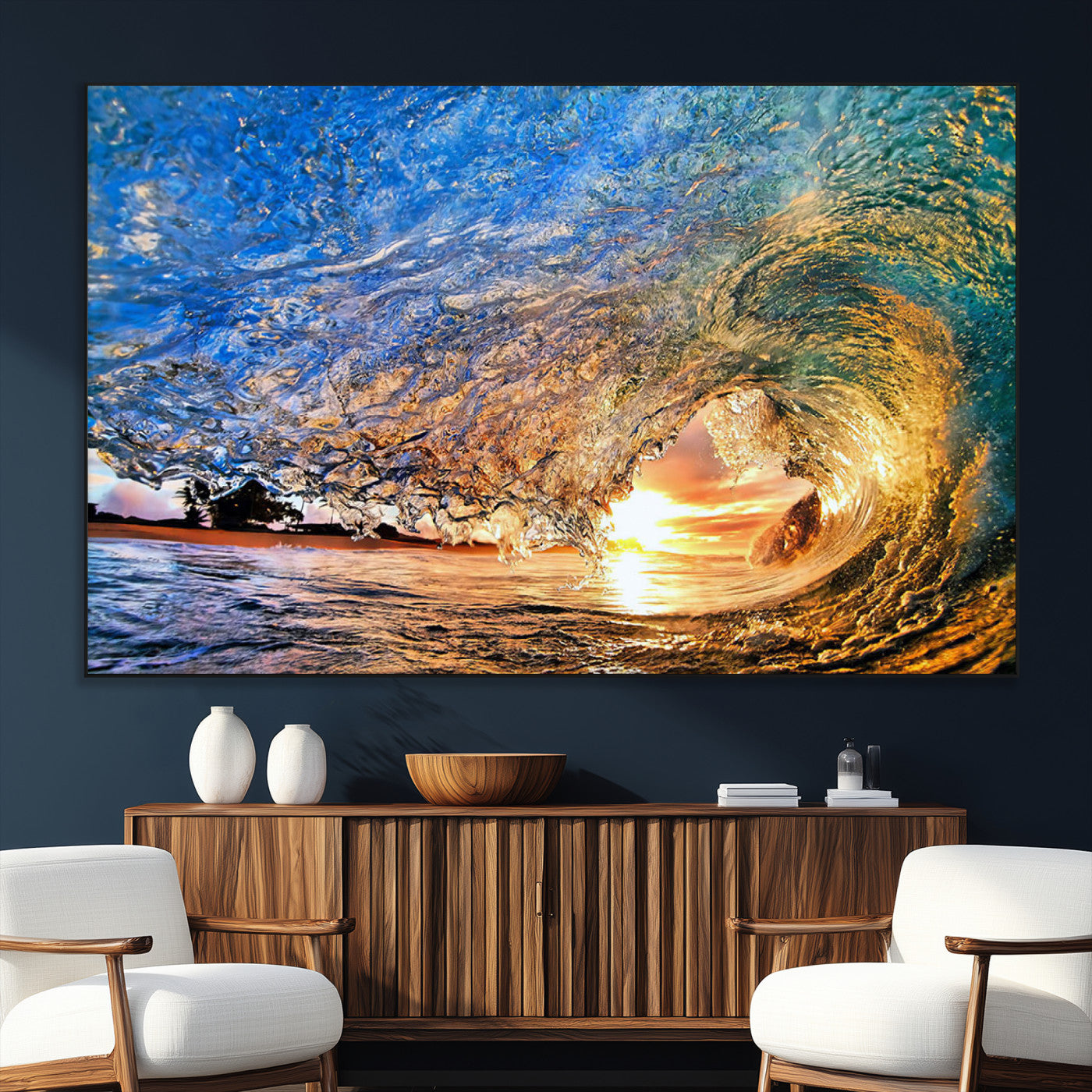 SEG-FC-51X34_Oversize - Ocean Wave at Sunset Canvas Wall Art – Vibrant Coastal Beach Waves Print, Large Nautical Decor,