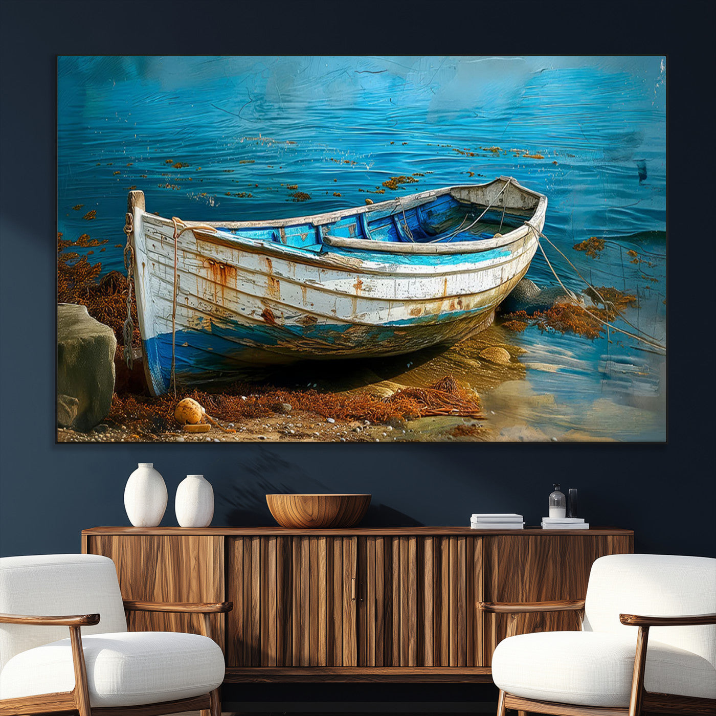 SEG-FC-51X34_Oversize - Vintage Boat on Tranquil Waters | Coastal Wall Art for Nautical Decor | Rustic Triptych Canvas Print