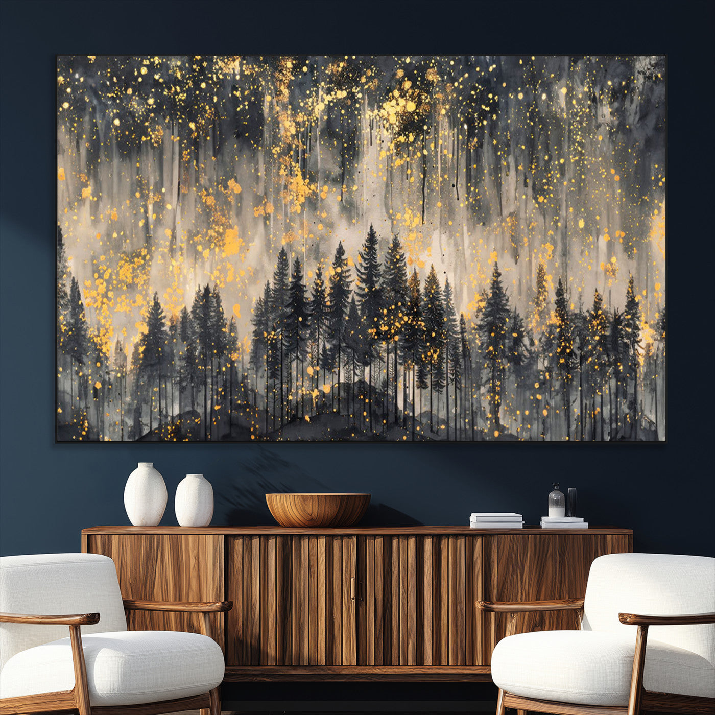 SEG-FC-51X34_Oversize - Golden Forest Abstract Wall Art | Dark Forest with Gold Splatter Accents | Triptych Ready to Hang