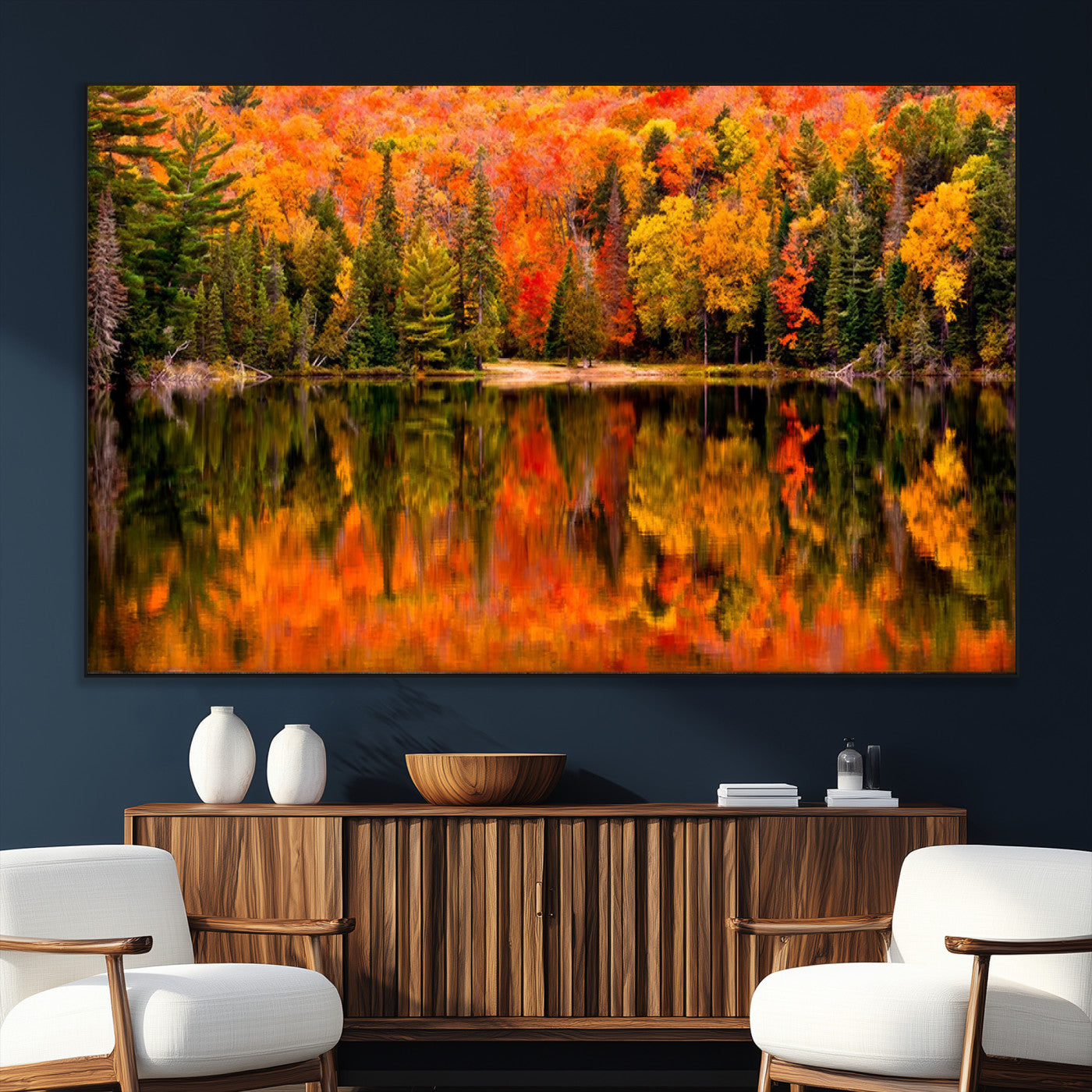 SEG-FC-51X34_Oversize - Forest Reflection Art | Autumn Forest Reflection Wall Art | Triptych Canvas Print | Vibrant Fall